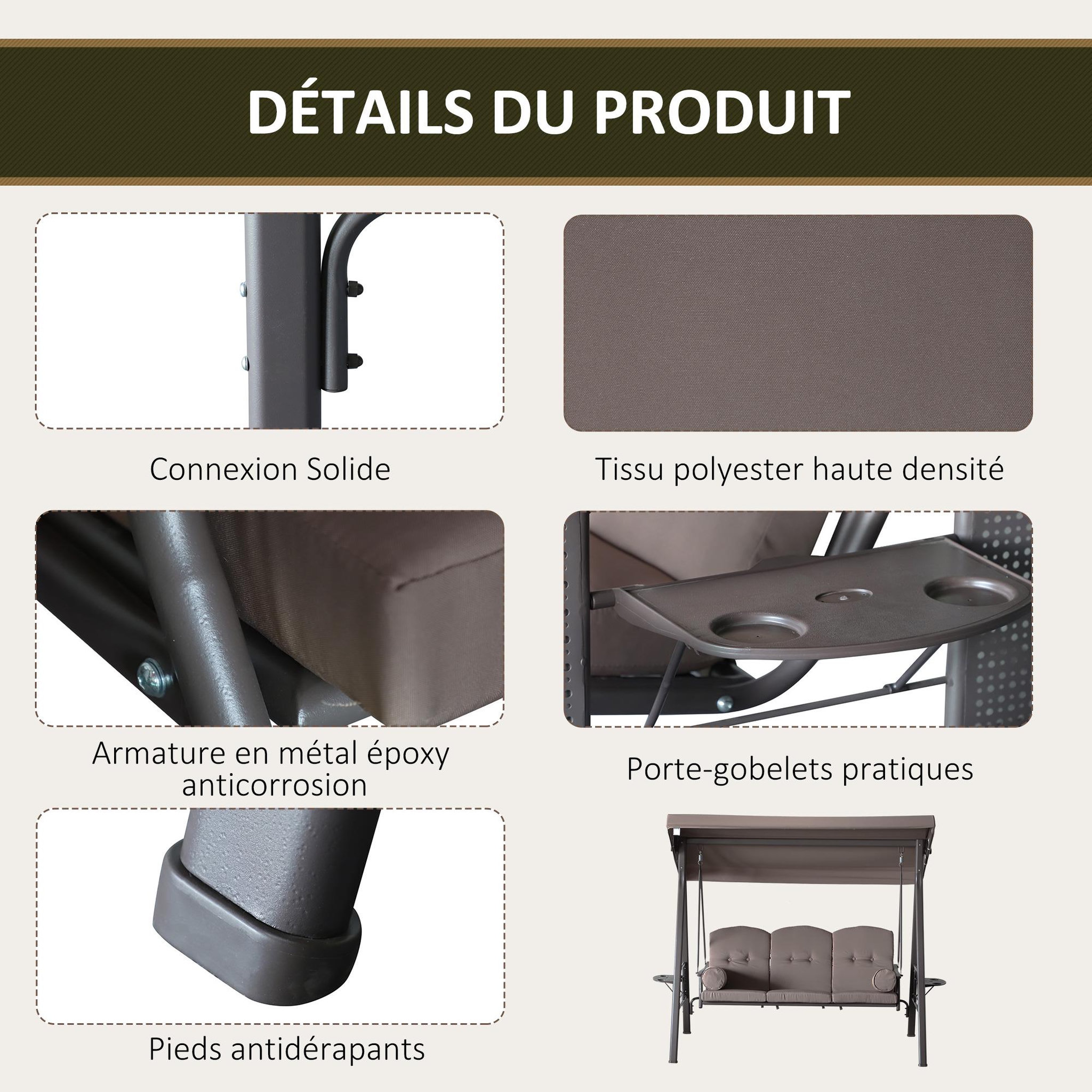 Voir la diapositive 6 : OUTSUNNY Balancelle de jardin 3 places grand confort toit inclinaison réglable coussins plateaux rétractables polyester filé marron