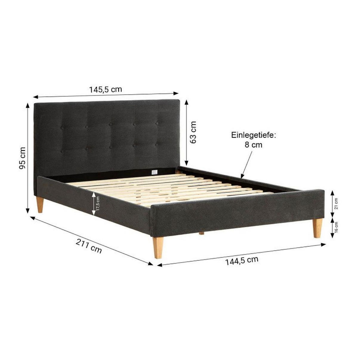 HomeStyle4U Lit 2 Places 140x200 cm avec Matelas Anthracite