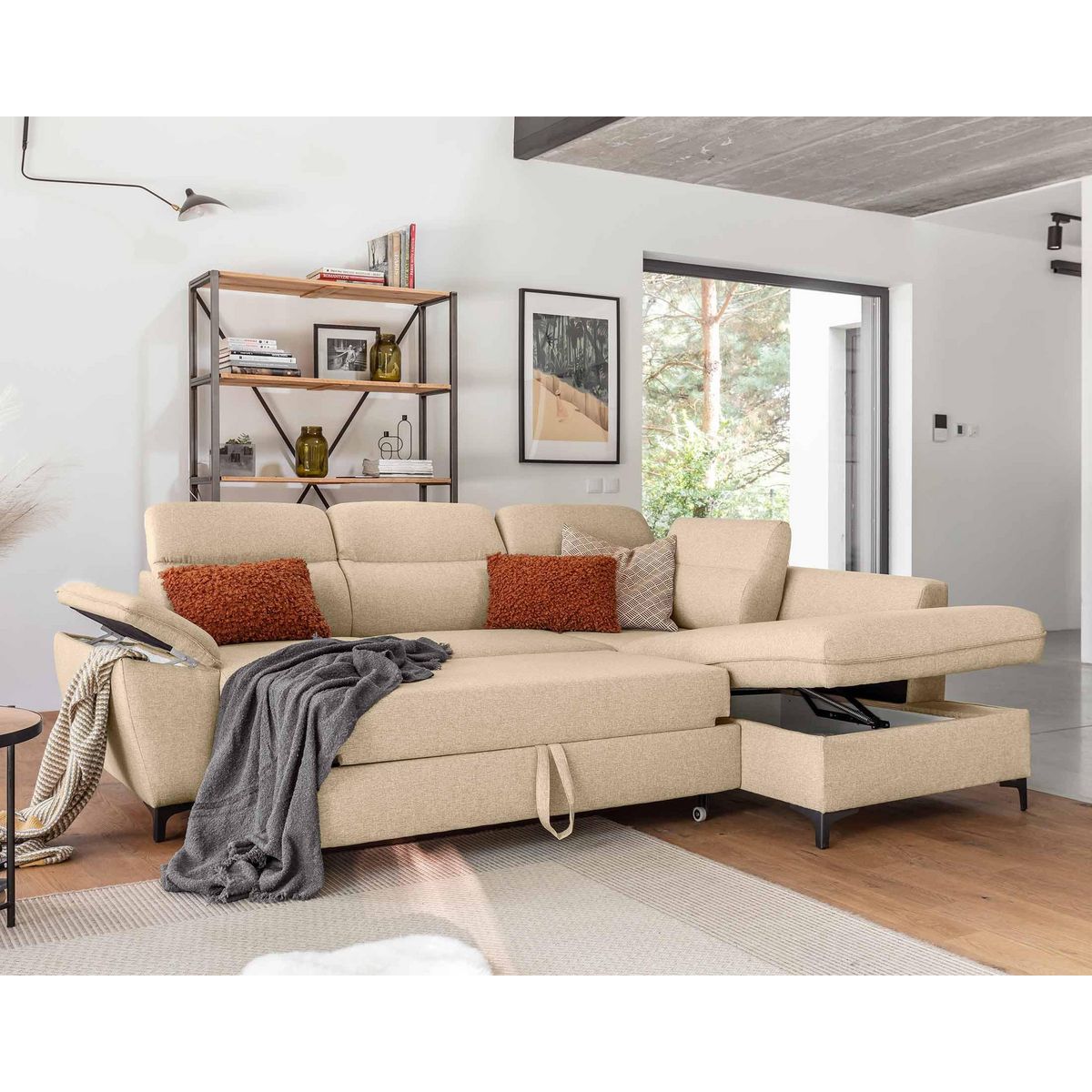 BEST MOBILIER Clever - canapé d'angle droit - 5 places - convertible avec coffre et têtières - en tissu