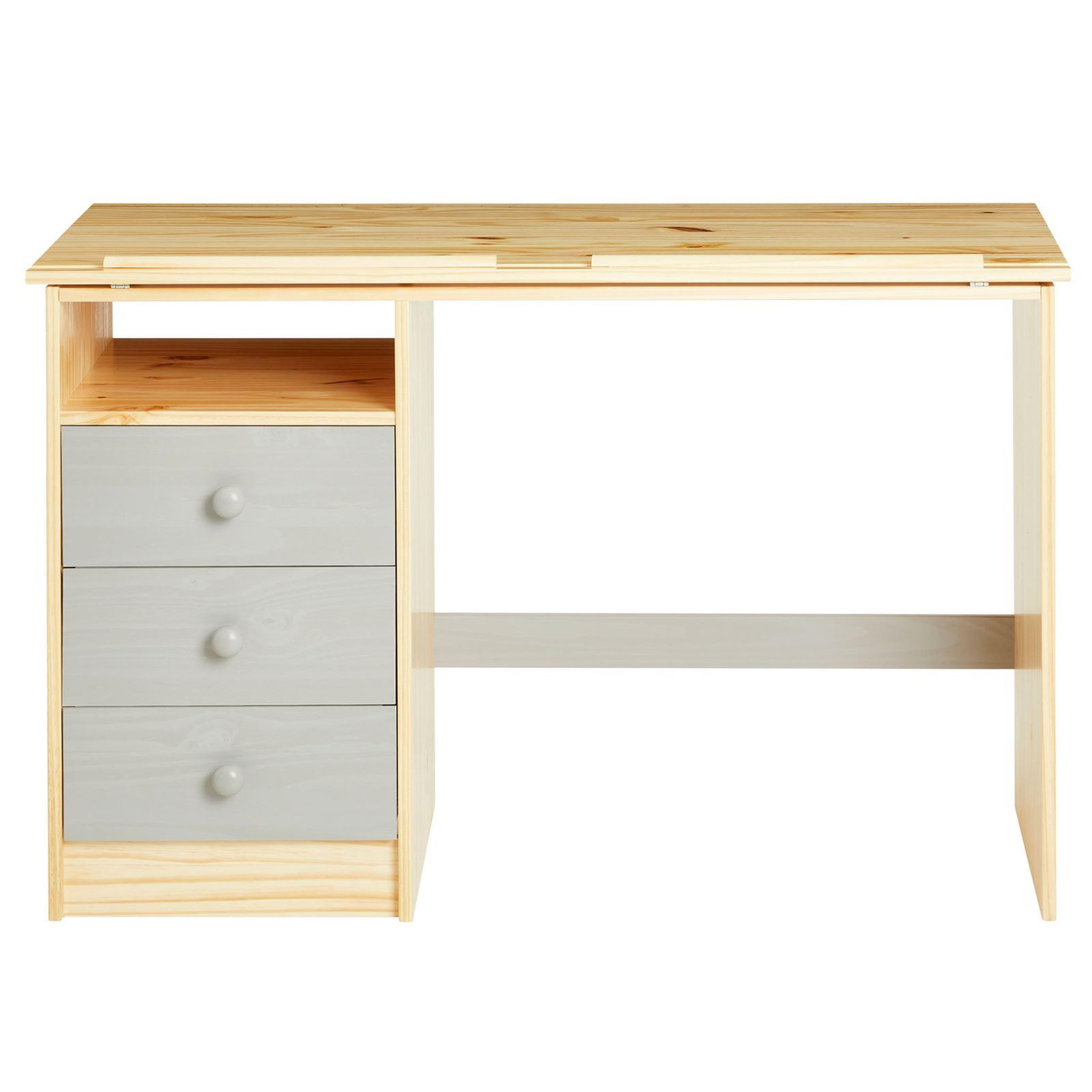 Voir la diapositive 3 : IDIMEX Bureau enfant KEVIN, en pin massif, 3 tiroirs et plateau inclinable