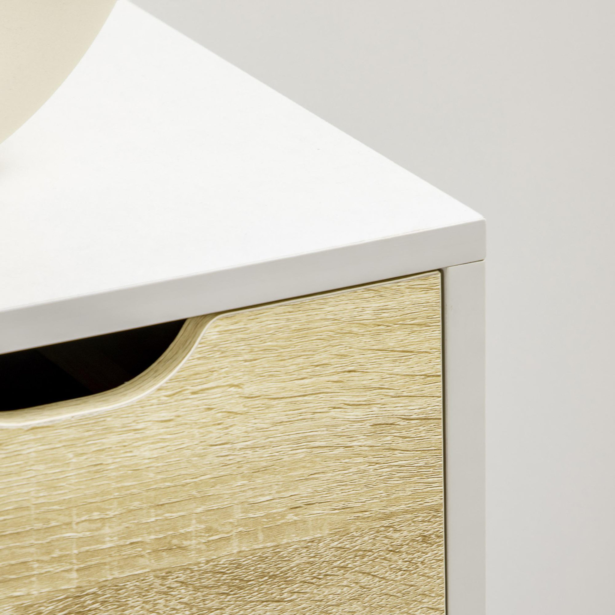 Voir la diapositive 6 : HOMCOM Commode design scandinave 5 tiroirs coulissants piètement bois effilé incliné panneaux blanc aspect bois clair