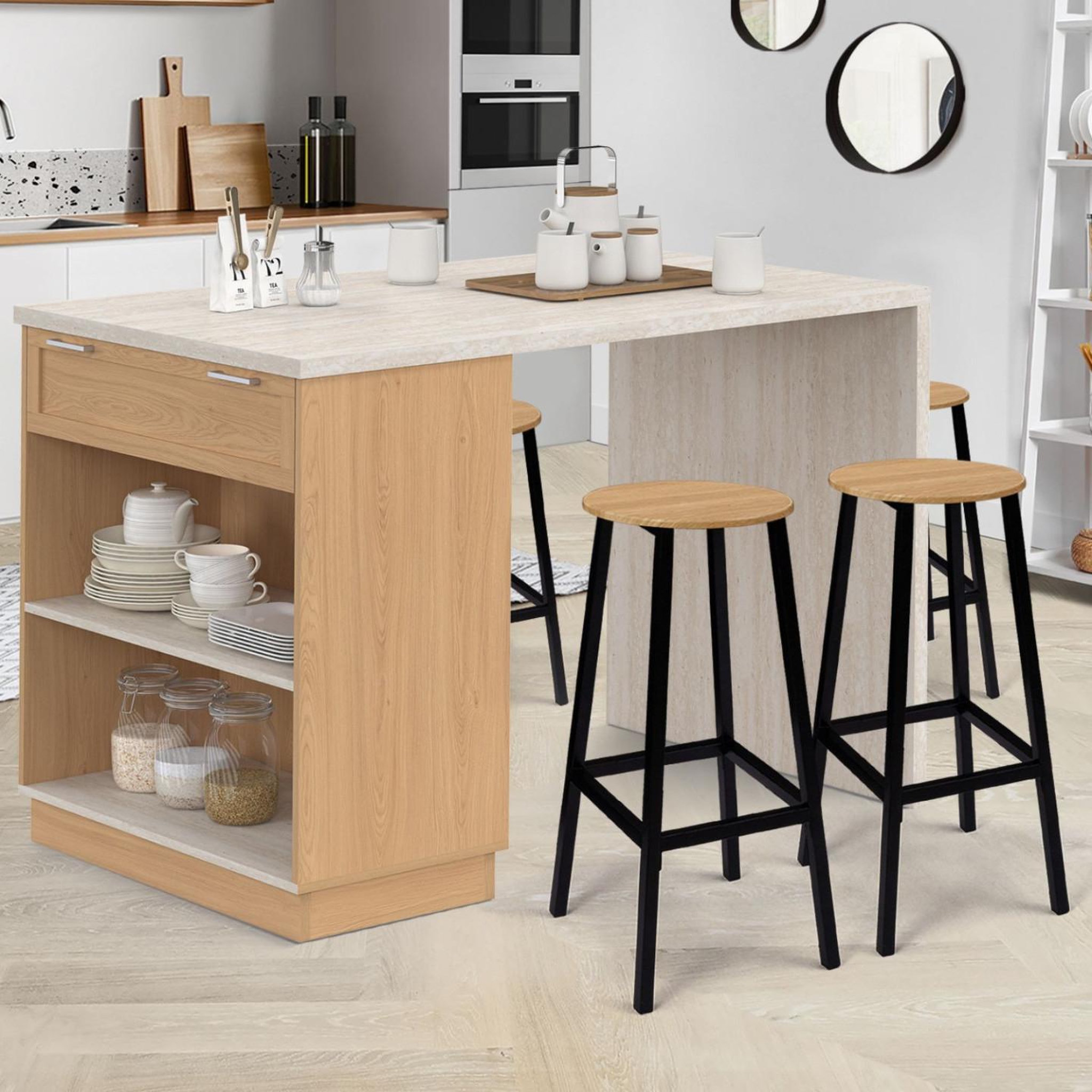 Voir la diapositive 2 : ID MARKET Ilot central mange-debout 4 personnes vito 130 cm bois et plateau effet travertin