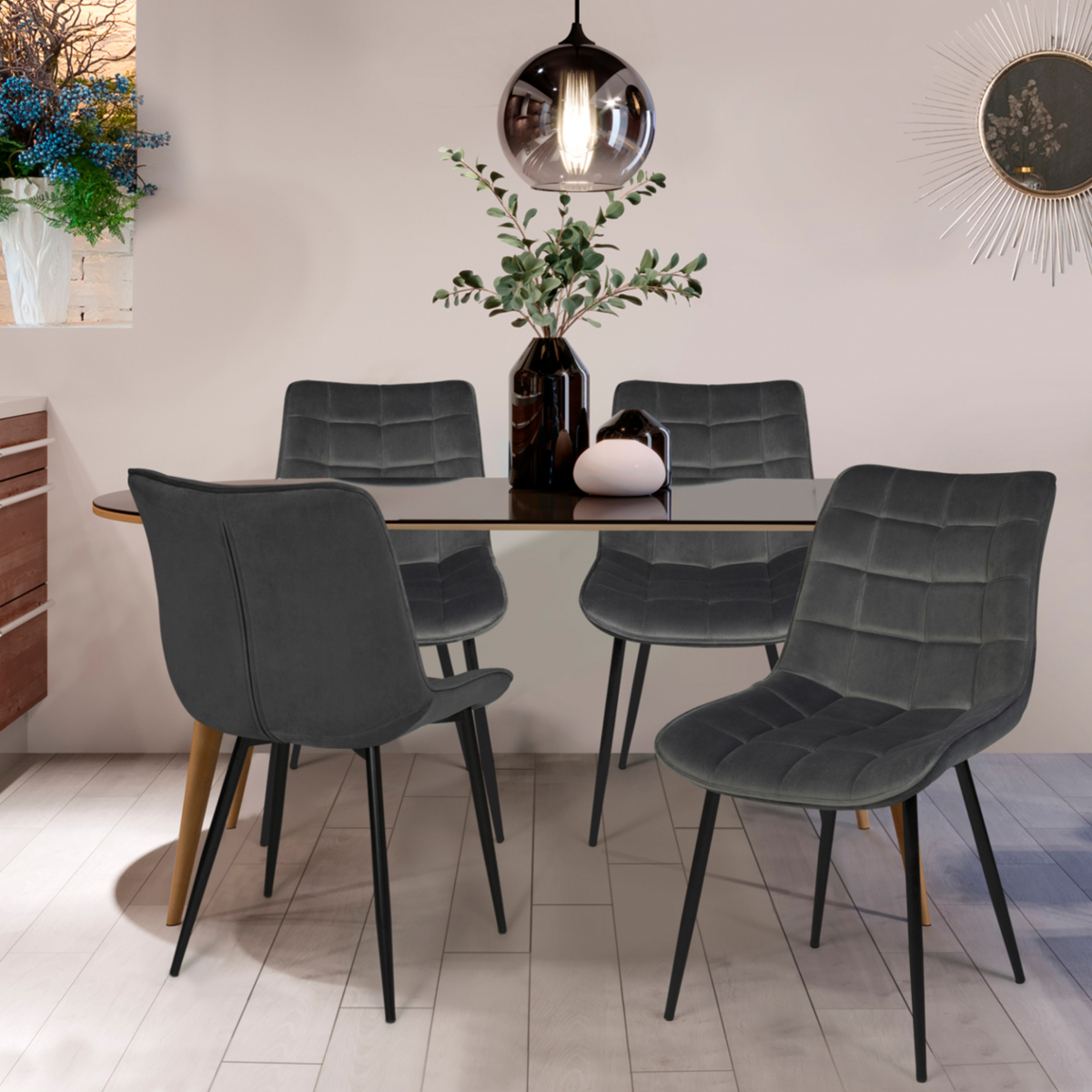 ID MARKET Lot de 4 chaises MADY en velours gris pour salle à manger