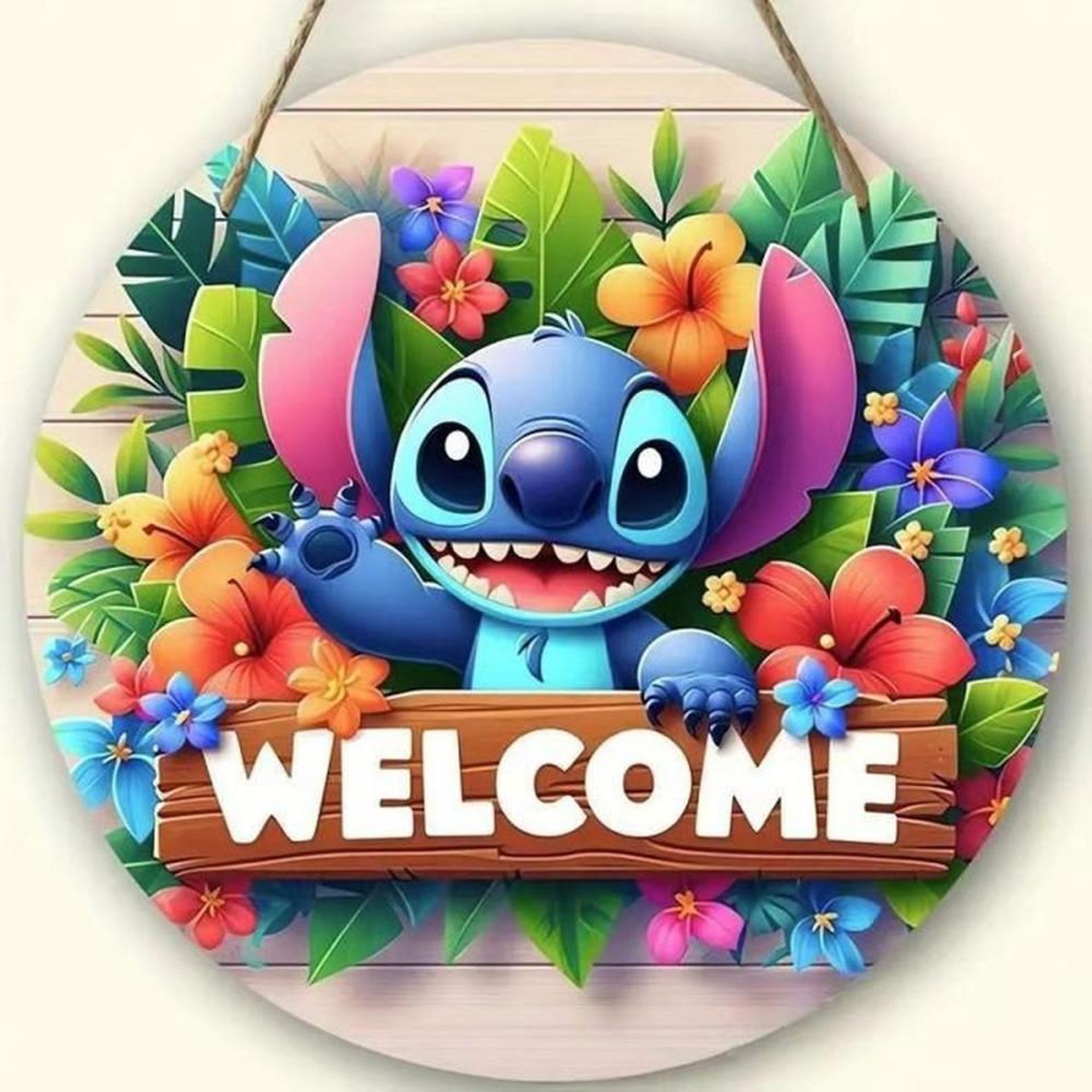 panneau décoratif suspendu rond WELCOME en bois imprimé multicolore, motif couture et personnage cartoon, fleurs et feuilles tropicales, pour portes et fenêtres, 20 cm