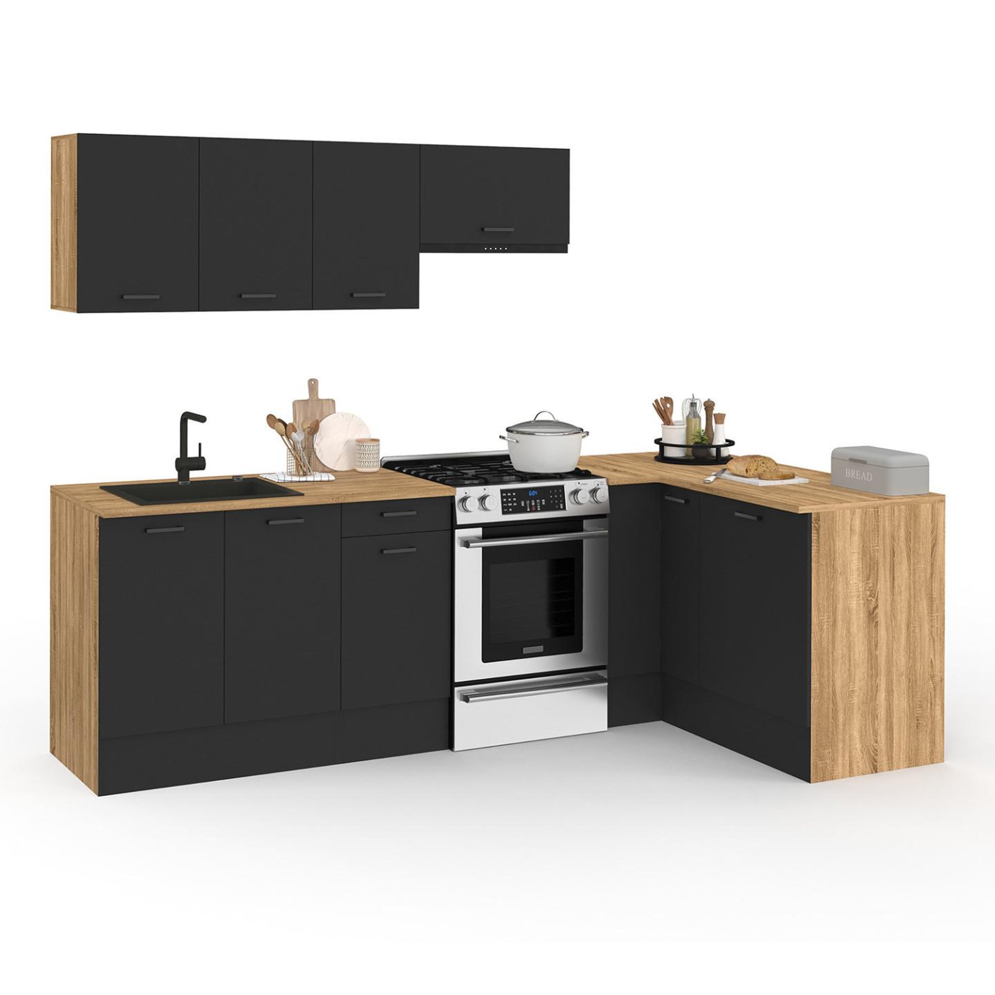 ID MARKET Cuisine complète d'angle 400 cm subtil avec plan de travail 7 élements bois et noir