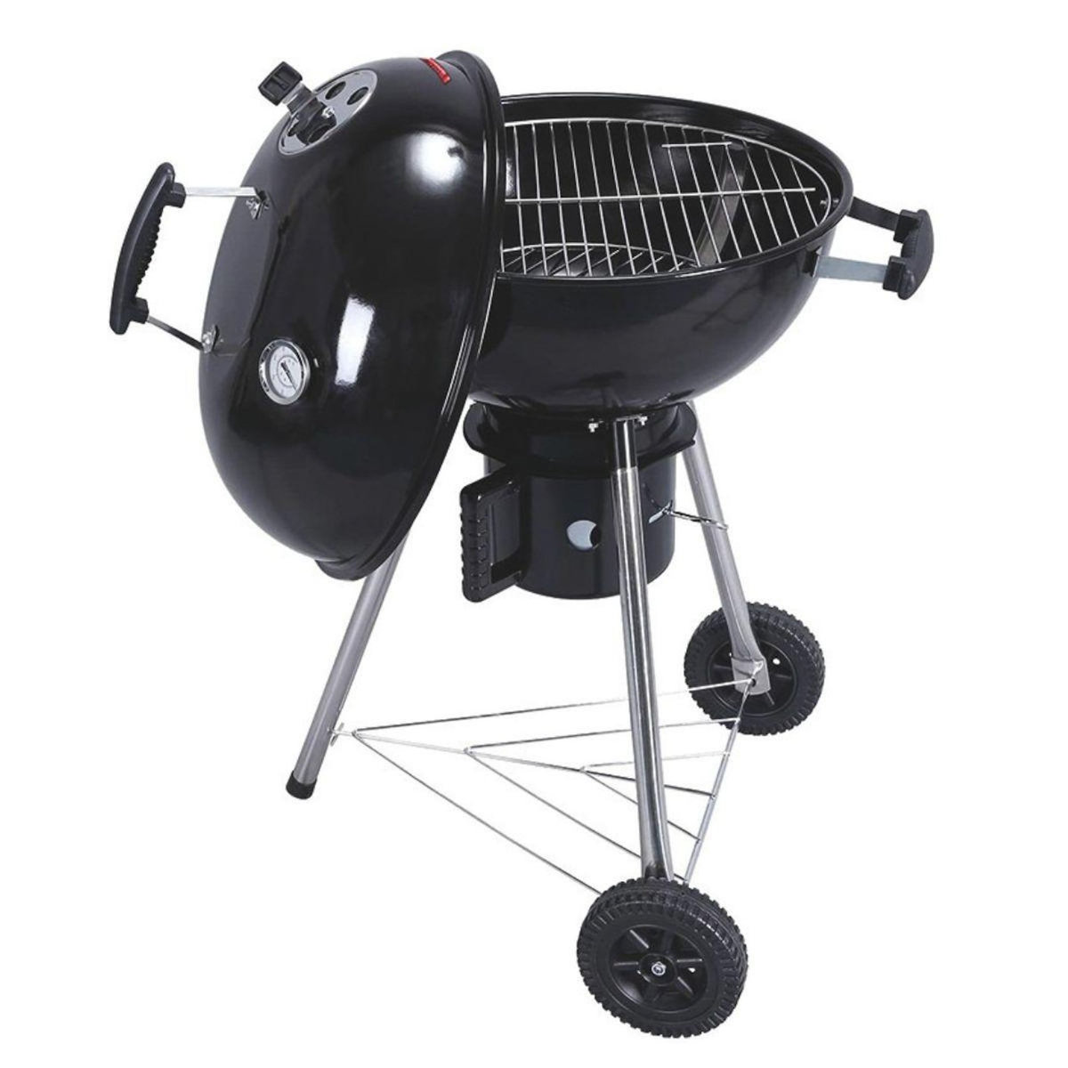 INTEC Barbecue à Charbon de Bois sur Trépied Ø57cm Grille Cuisson & Couvercle Thermostat Bac à cendres Barbecue rond 2 roues INTEC