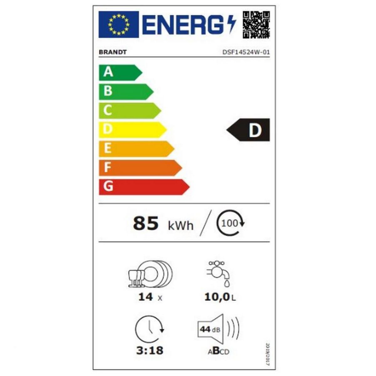 BRANDT Lave-vaisselle 60cm 14 couverts 44db - dsf14524w