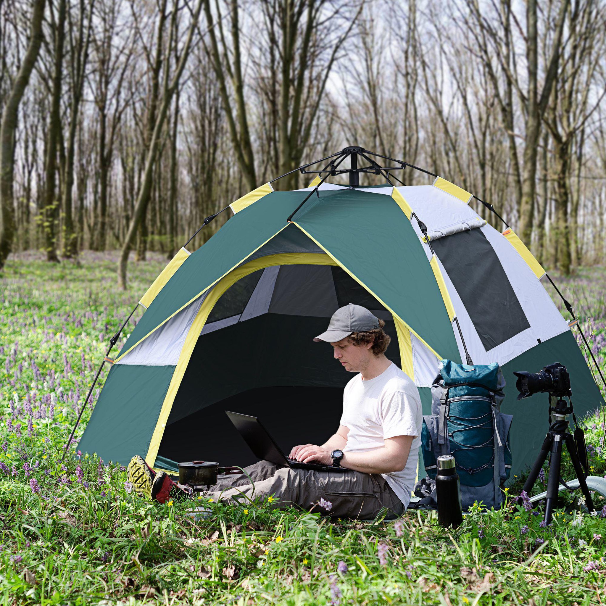 Voir la diapositive 2 : OUTSUNNY Tente de camping pop up 3 personnes porte 3 fenêtres sac de transport inclus fibre verre polyester pe jaune gris vert