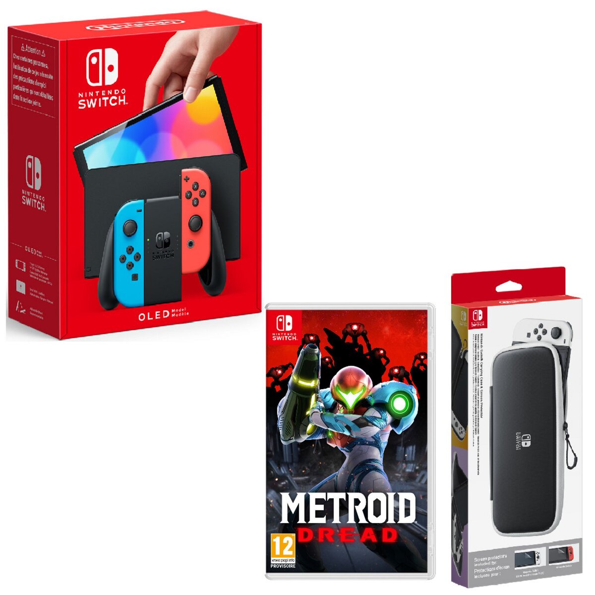 Console Nintendo Switch (modèle OLED) Joy-Con Bleu et Rouge + Pochette de transport et protection d'écran + Metroid Dread