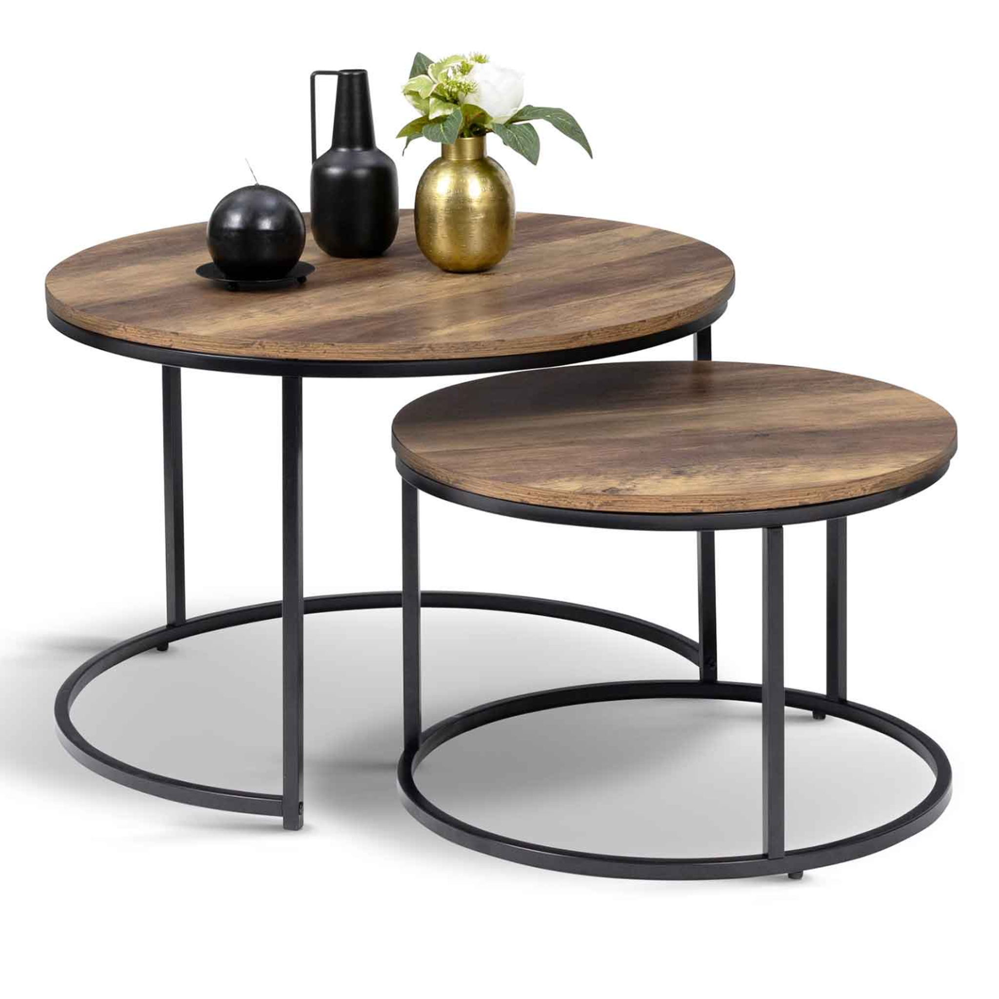 ID MARKET Lot de 2 tables basses gigognes hawkins rondes 54/70 bois foncé design industriel