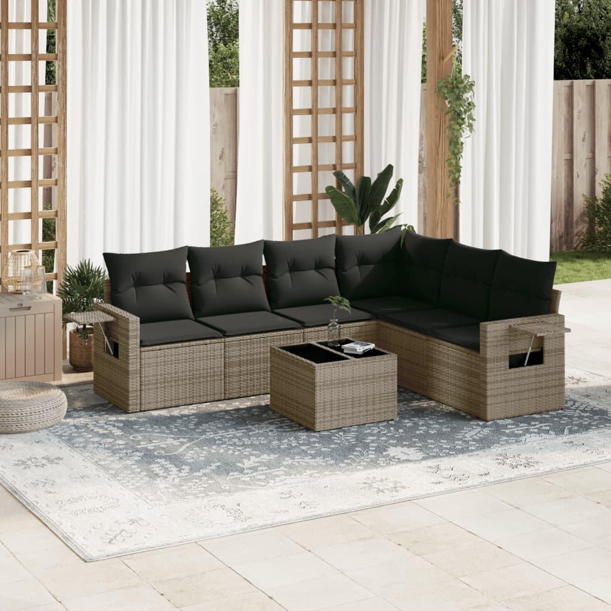 VIDAXL Salon de jardin avec coussins 7 pcs gris resine tressee