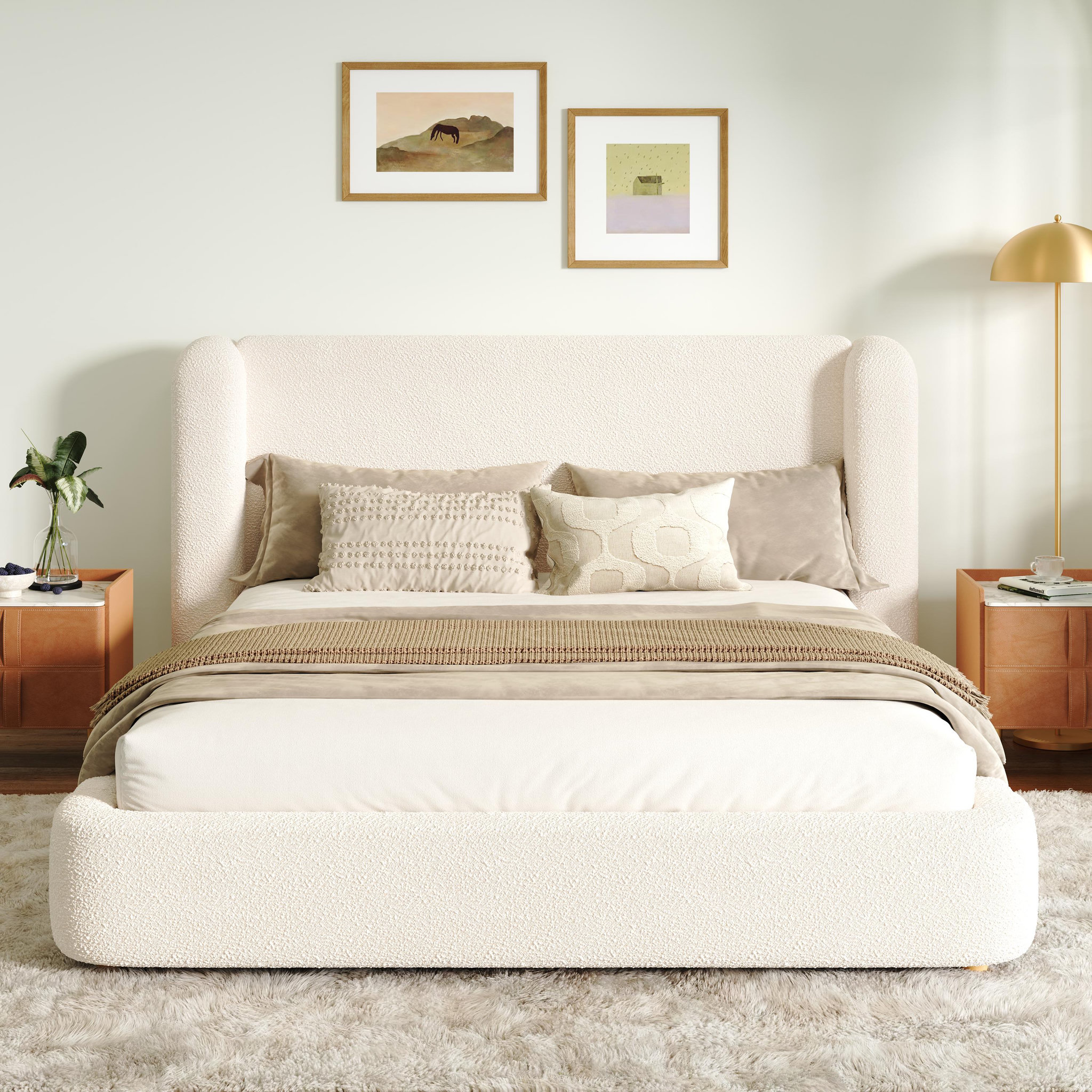 Voir la diapositive 4 : MERAX Lit double 180x200 cm avec sommier à lattes et tête de lit rembourrée, boucle beige