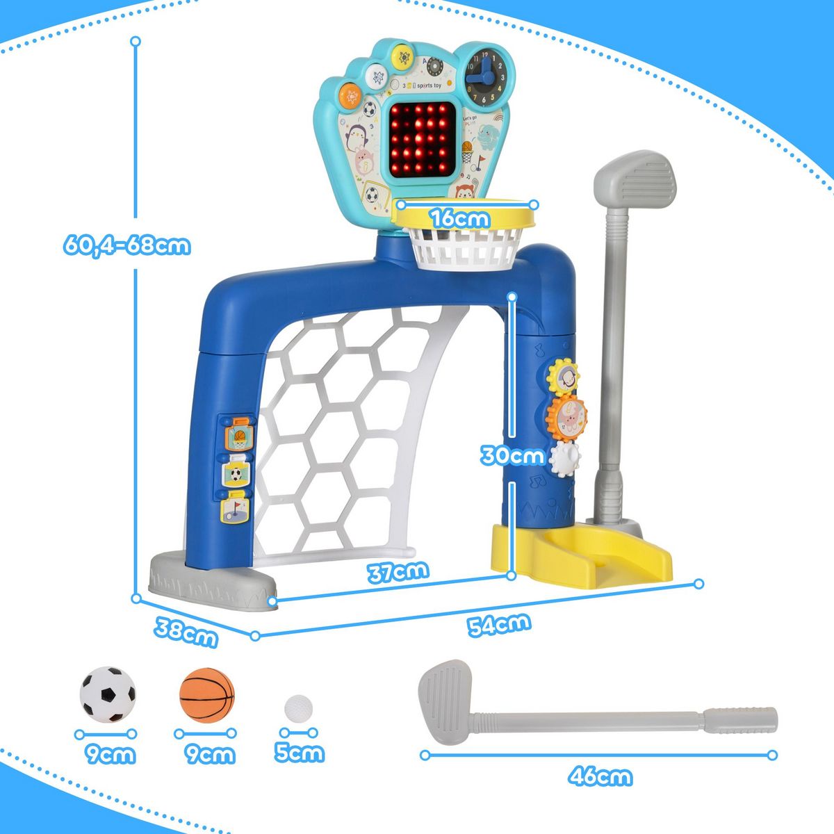 HOMCOM Jeux sportifs 3 en 1 enfant 18-48 mois - foot, basket, golf - effets lumineux sonores bleu