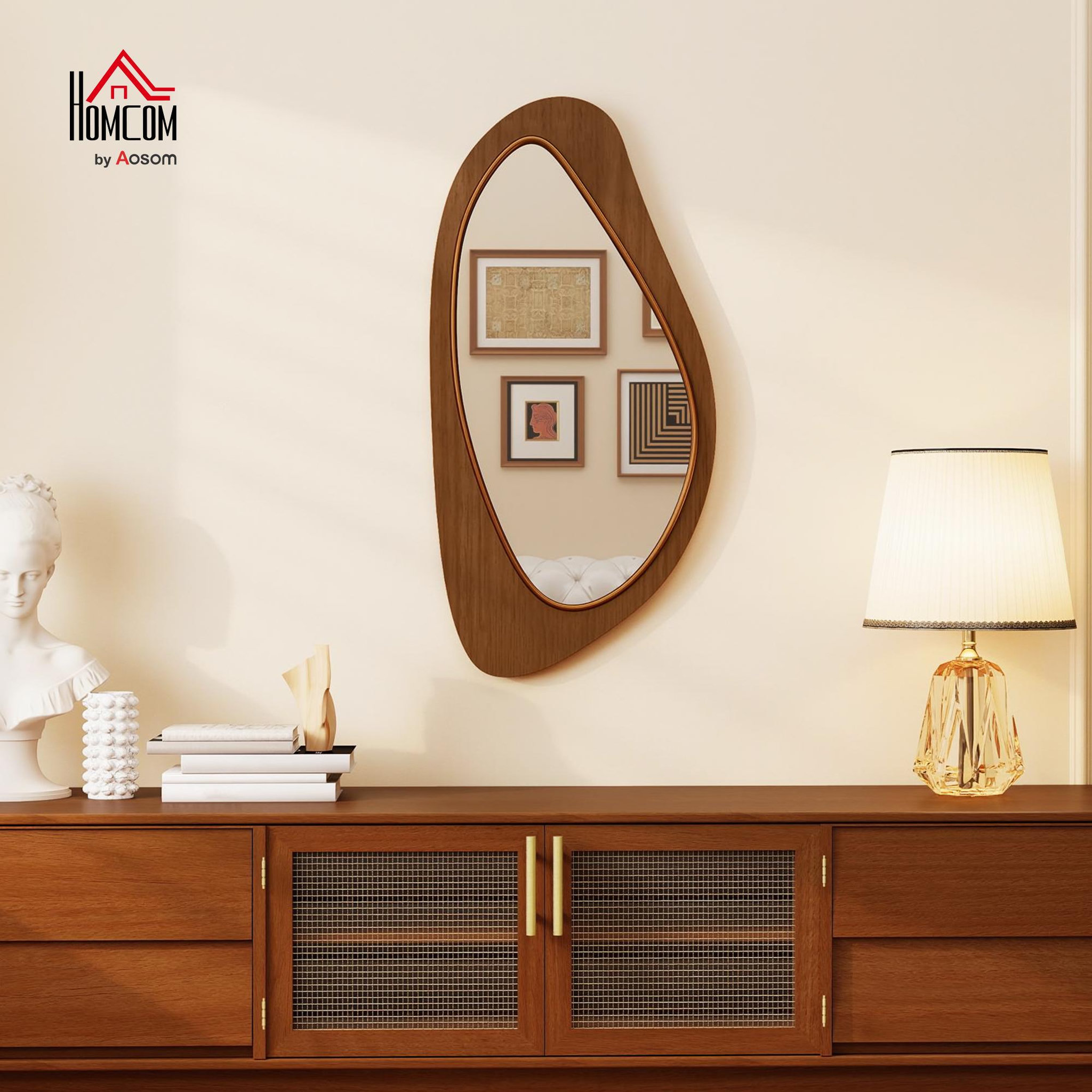 Voir la diapositive 4 : HOMCOM Miroir mural organique cadre bois naturel 45 x 91 cm