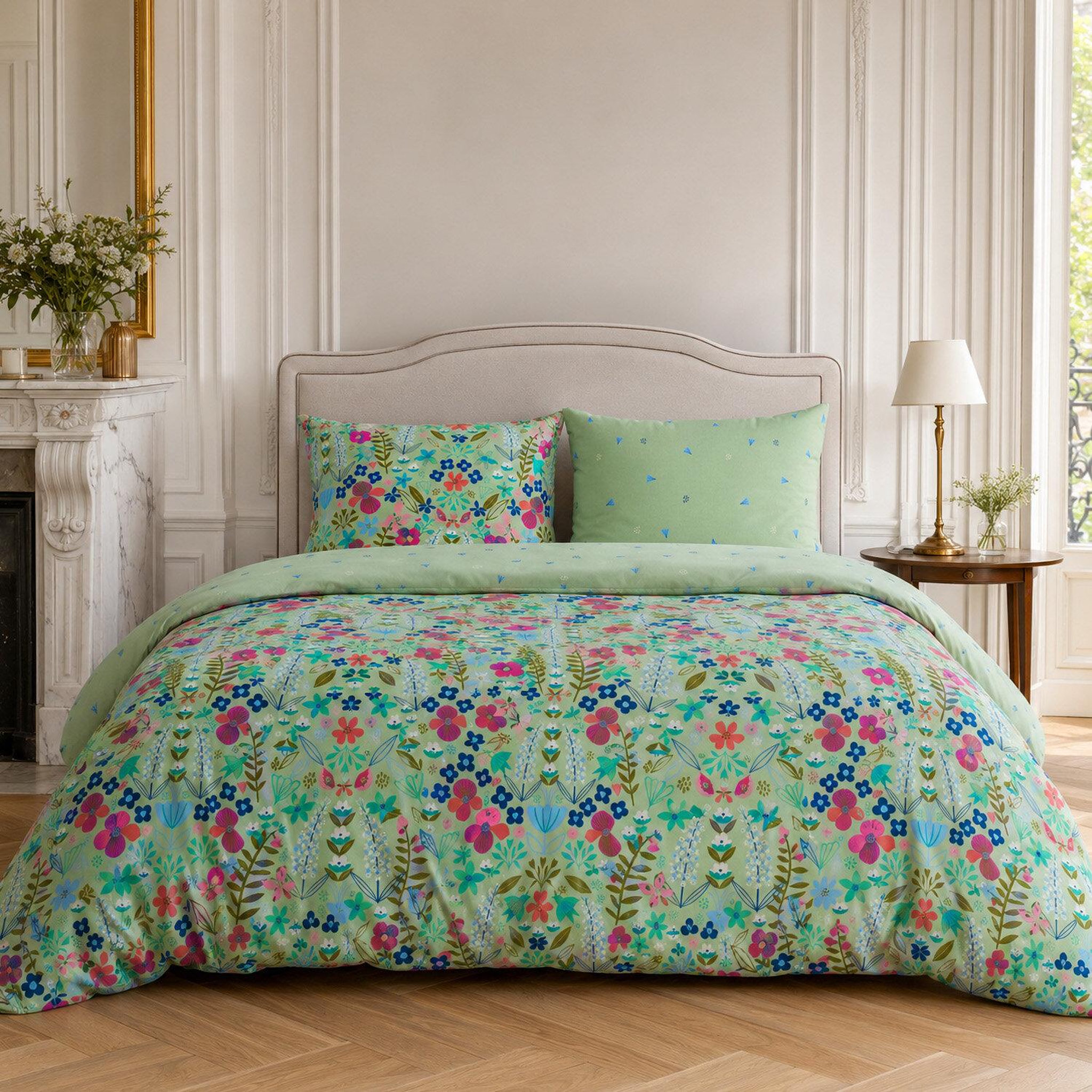 Voir la diapositive 1 : Home collection Parure housse de couette imprimée 100% coton percale 80 fils - playful floral