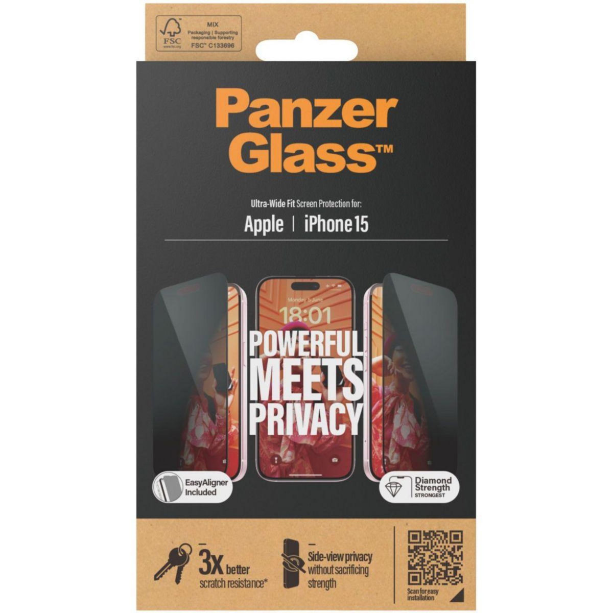 PANZERGLASS Protège écran iPhone 15 Privacy + applicateur