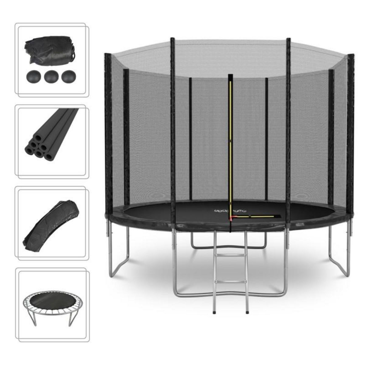 PLAY4FUN Trampoline de Jardin Deluxe 10FT ø305cm Noir - avec Filet de sécurité, Tapis de saut, Coussin de protection, Echelle