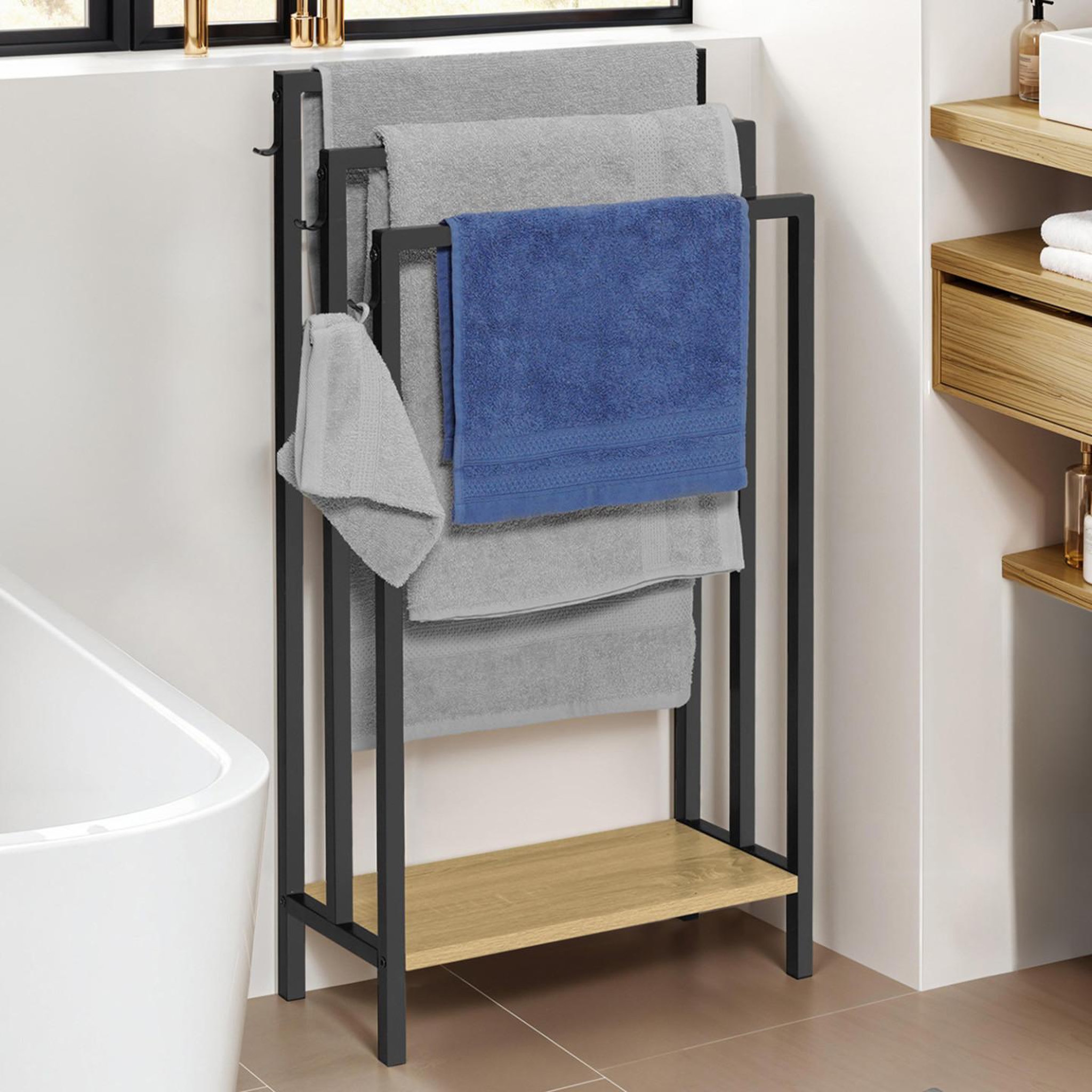 Voir la diapositive 2 : ID MARKET Porte-serviettes sur pied 3 niveaux detroit avec étagère design industriel