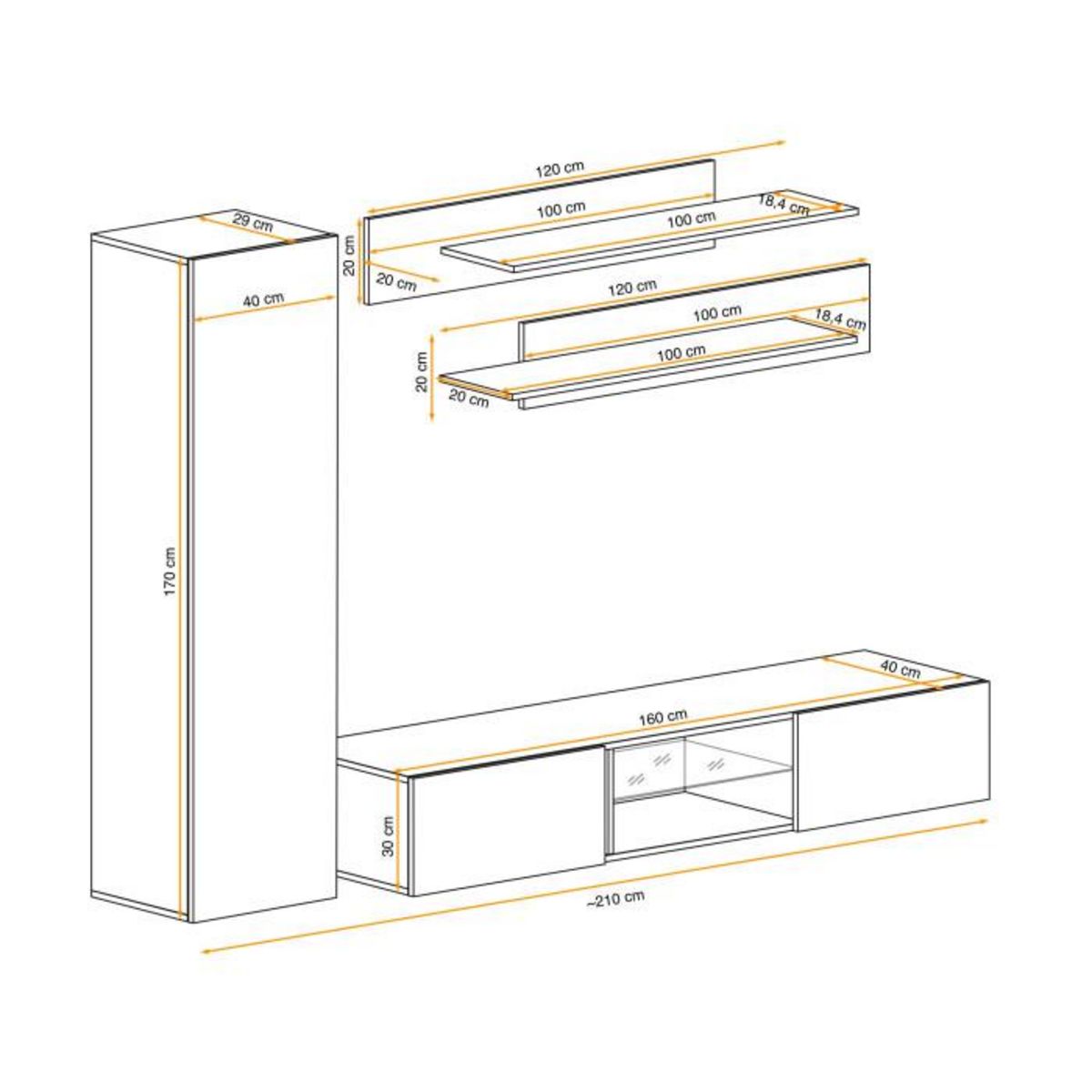 Paris Prix Meuble TV Mural Design  Fly XVIII  210cm Noir