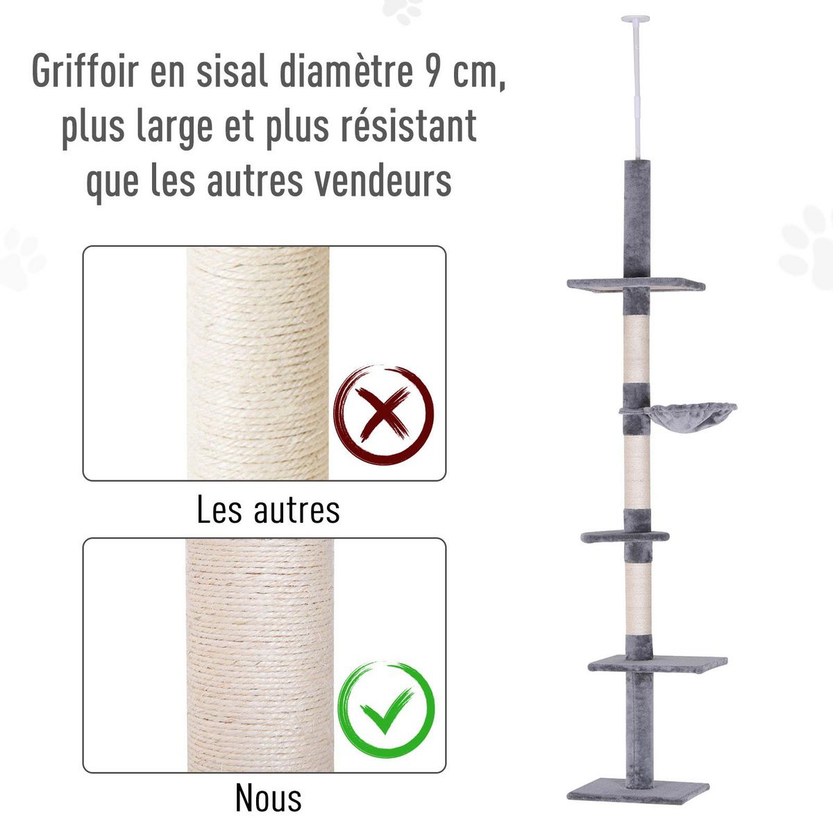 PAWHUT Arbre à chat poteau à griffer L40 x l 34 x H 230-260 cm 5 niveaux d'activités gris