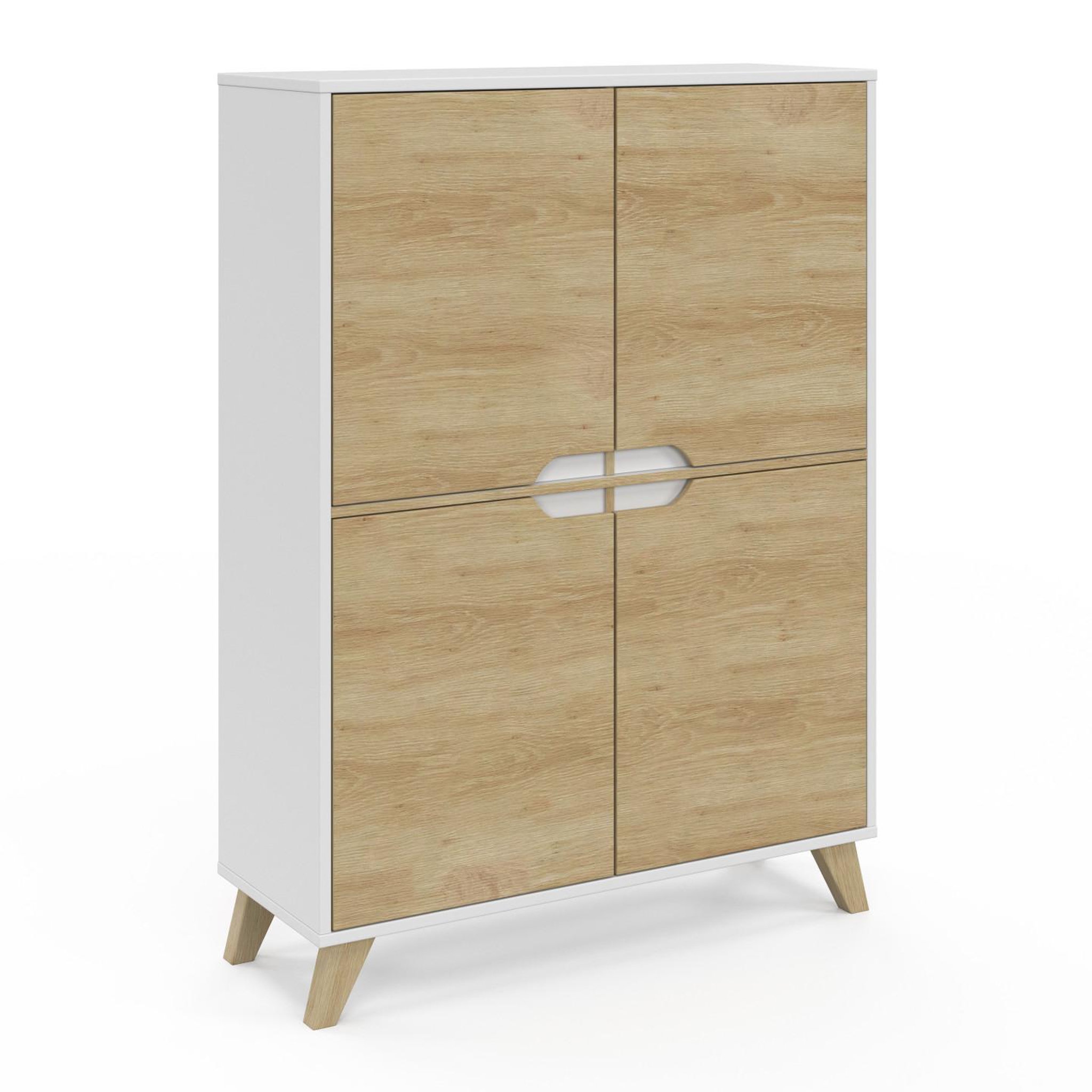 Voir la diapositive 1 : ID MARKET Meuble de rangement 4 portes HELSINKI scandinave blanc et bois