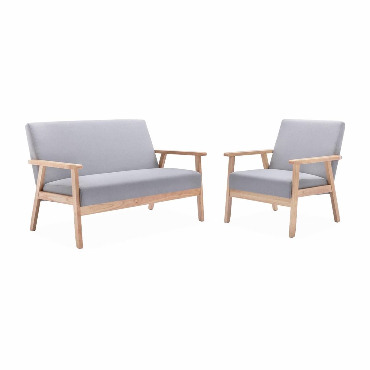 SWEEEK Banquette et fauteuil en bois et tissu gris clair. Isak. L 114 x l 69.5 x H 73cm