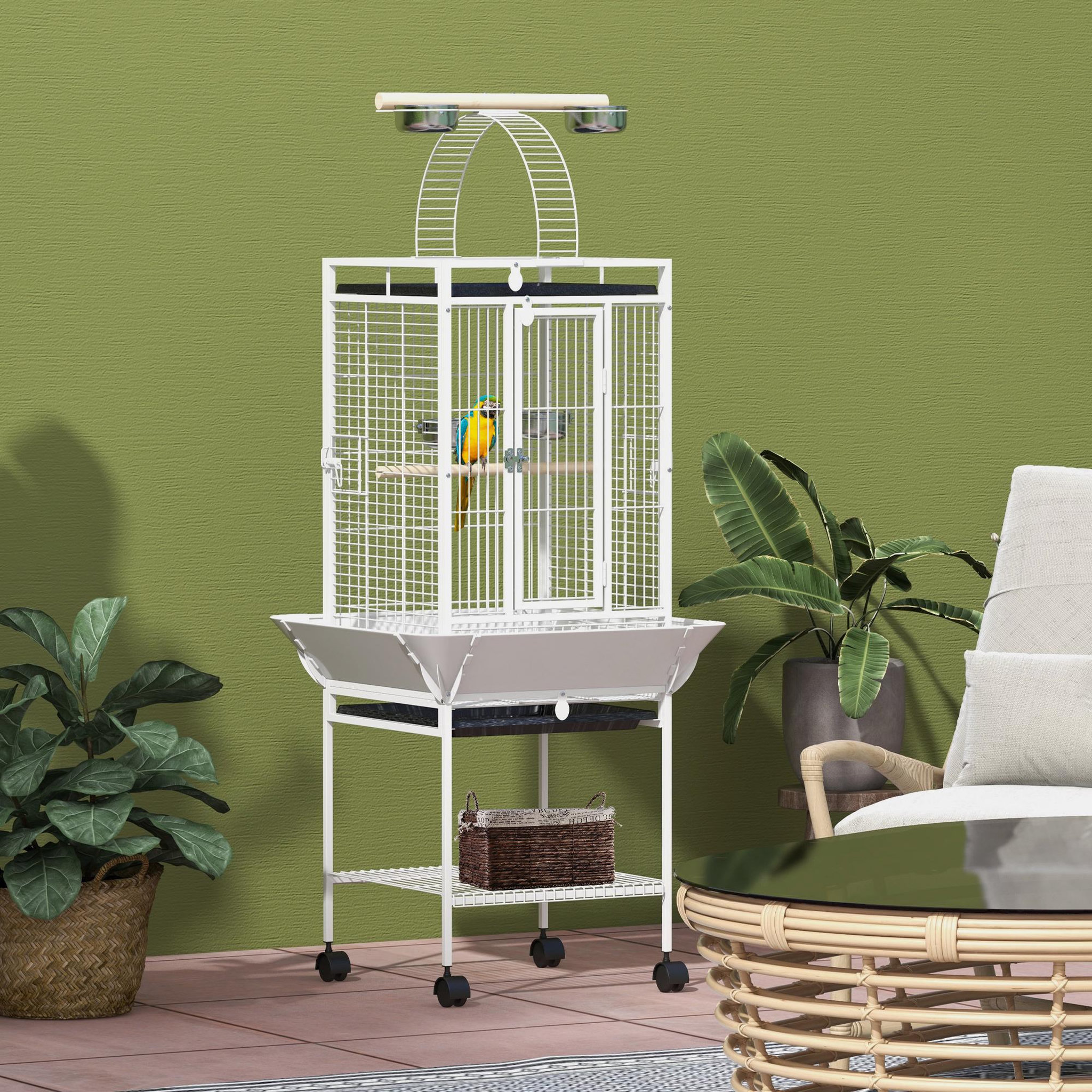 Voir la diapositive 2 : PAWHUT Cage oiseaux à roulettes 62 x 62 x 156 cm plateau coulissant acier blanc