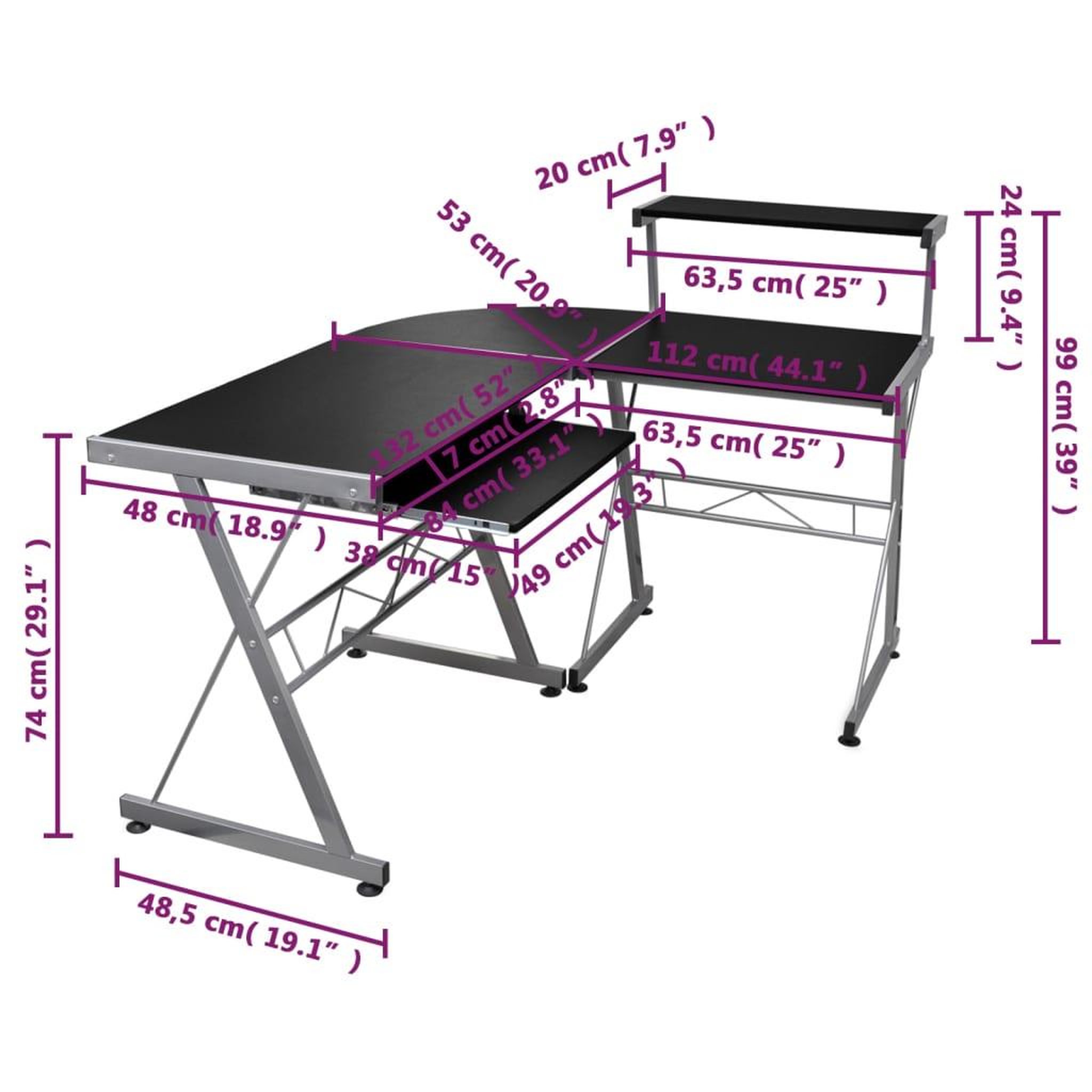 Voir la diapositive 6 : VIDAXL Bureau d'ordinateur d'angle Noir 132x112x99cm Bois d'ingenierie