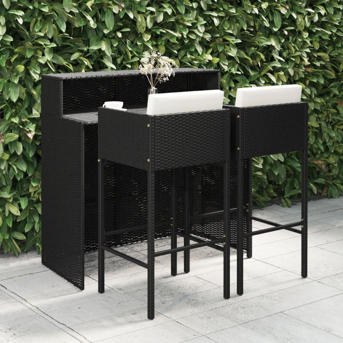 VIDAXL Ensemble de bar de jardin 3 pcs et coussins Resine tressee Noir