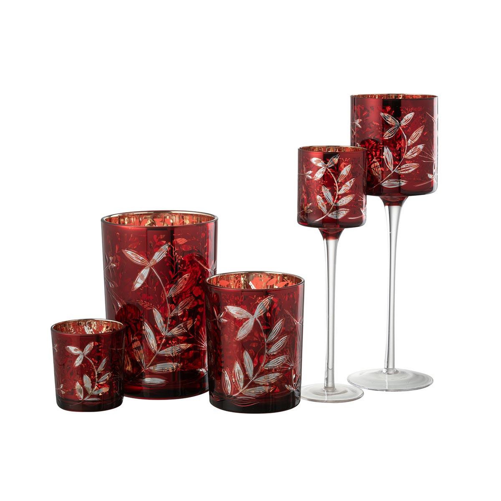 Voir la diapositive 5 : J-LINE Photophore Déco en Verre  Feuilles  18cm Rouge