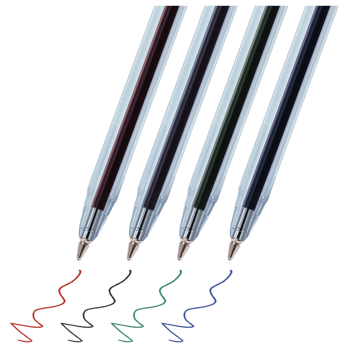 AUCHAN Lot de 4 stylos bille coloris assortis pointe moyenne 1 mm en bouteille recyclée