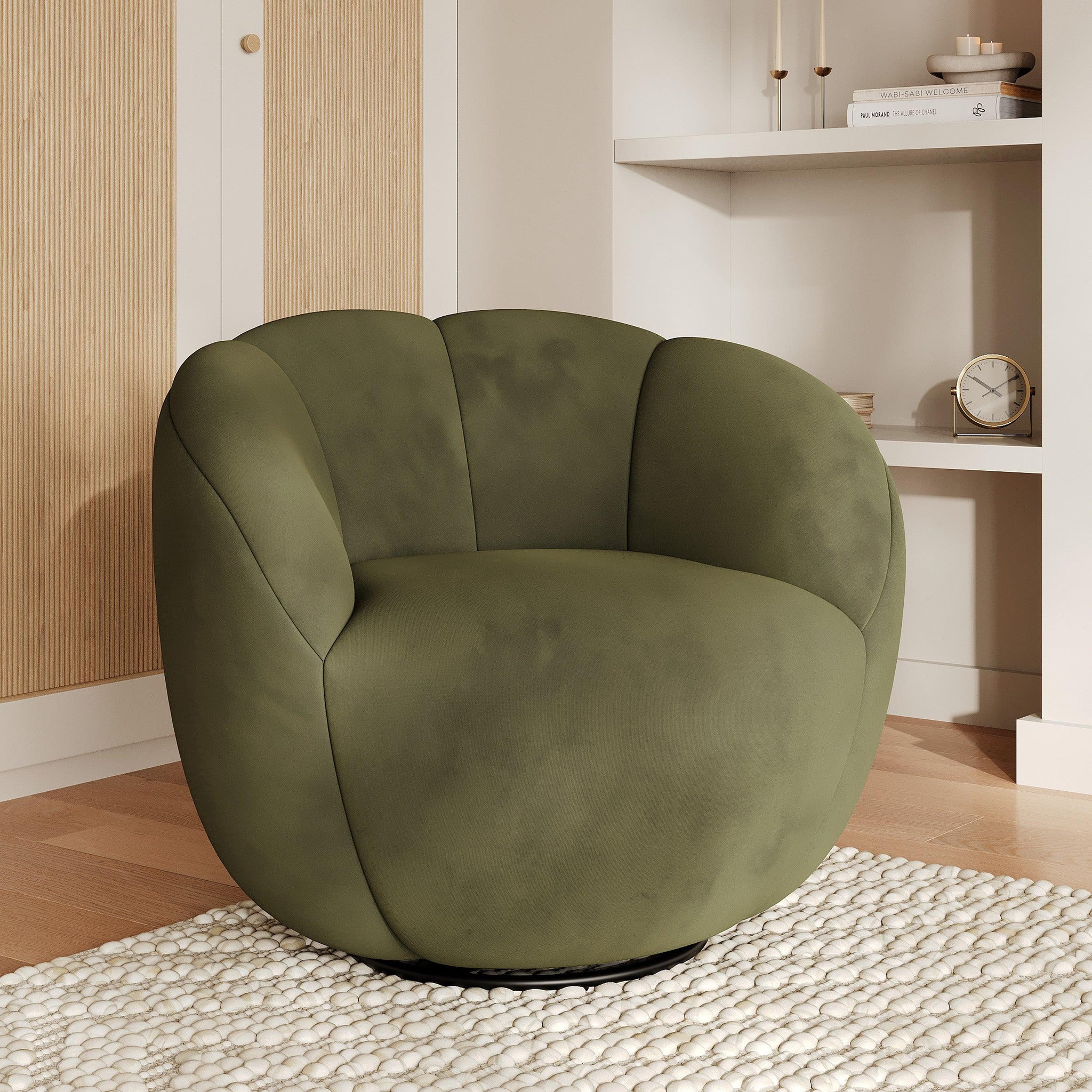 Voir la diapositive 2 : MAISON PAVANE Fauteuil pivotant en velours vert olive foncé-ysé