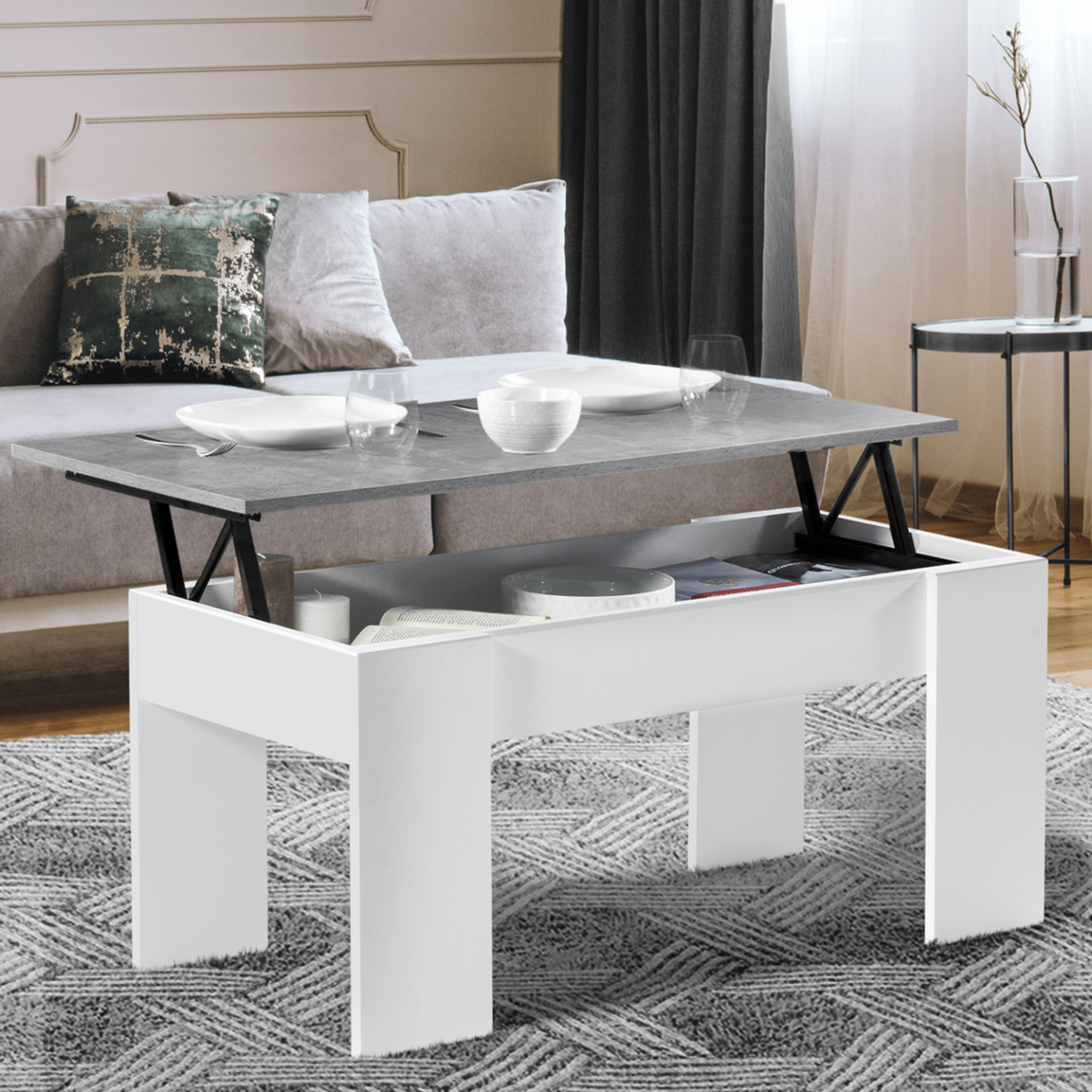 ID MARKET Table basse plateau relevable rectangulaire TARA bois blanc et effet béton