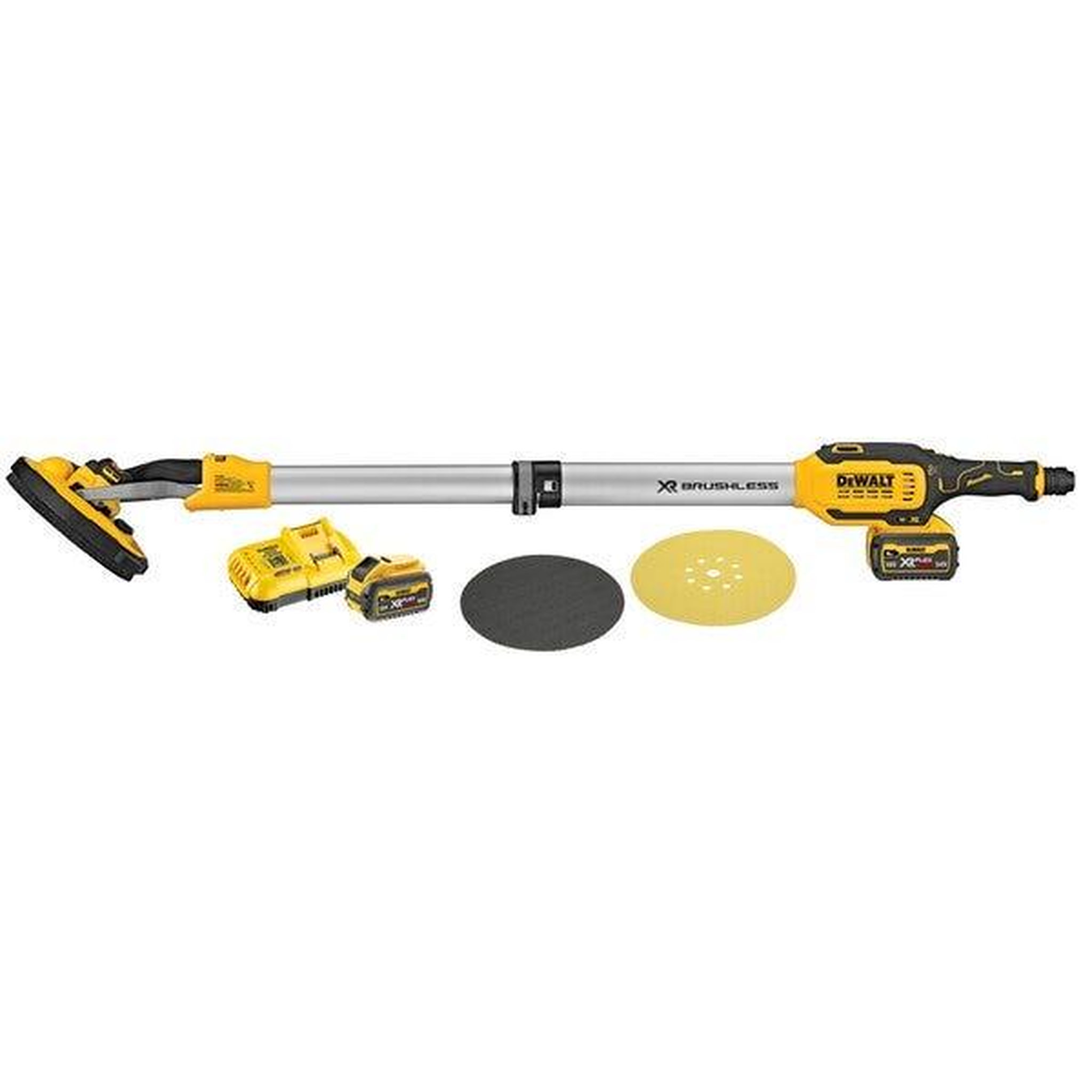 Dewalt Ponceuse à bras murale sans fil xr 18v 225mm brushless wireless tool control  + 2 batteries 6ah li-ion + chargeur + abrasifs