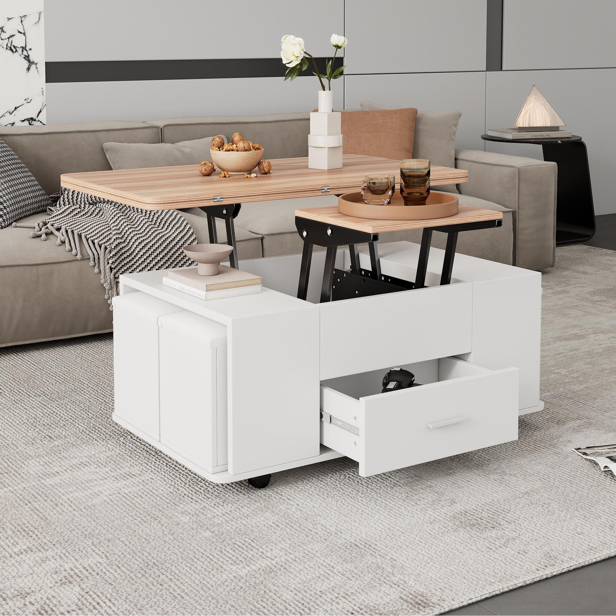 Voir la diapositive 4 : MERAX Table basse relevable rectangulaire blanc - 50x100 cm panneau de particules