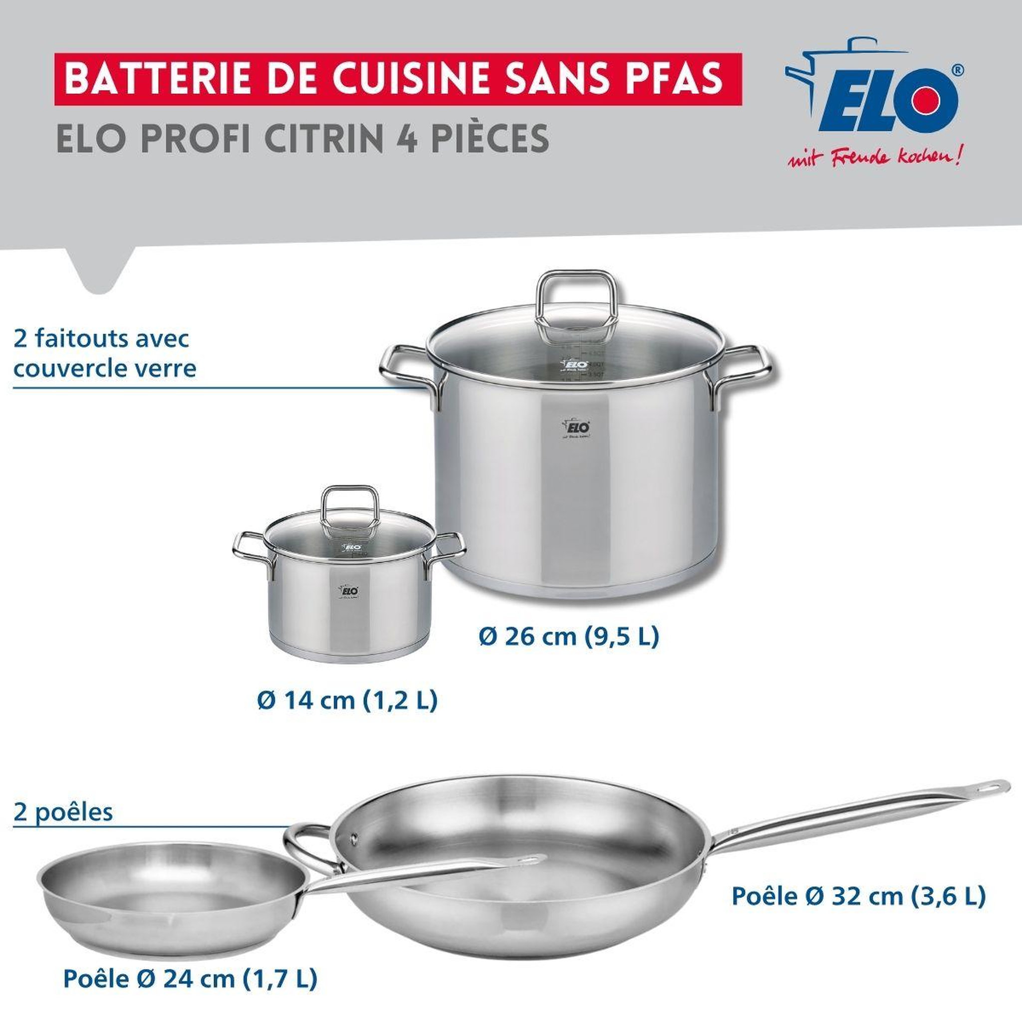 Voir la diapositive 2 : ELO Ensemble de 2 poêles de cuisson 24 et 32 cm et 2 faitouts 14 et 26 cm elo profi citrin