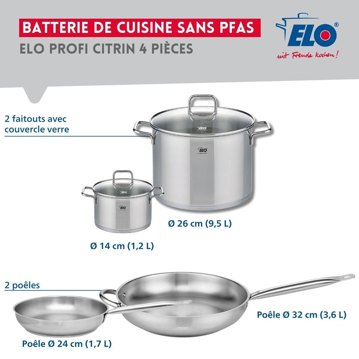 ELO Ensemble de 2 Poêles de cuisson 24 et 32 cm et 2 faitouts 14 et 26 cm Elo Profi Citrin