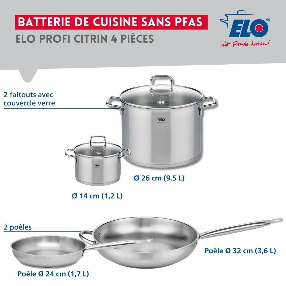 ELO Ensemble de 2 Poêles de cuisson 24 et 32 cm et 2 faitouts 14 et 26 cm Elo Profi Citrin