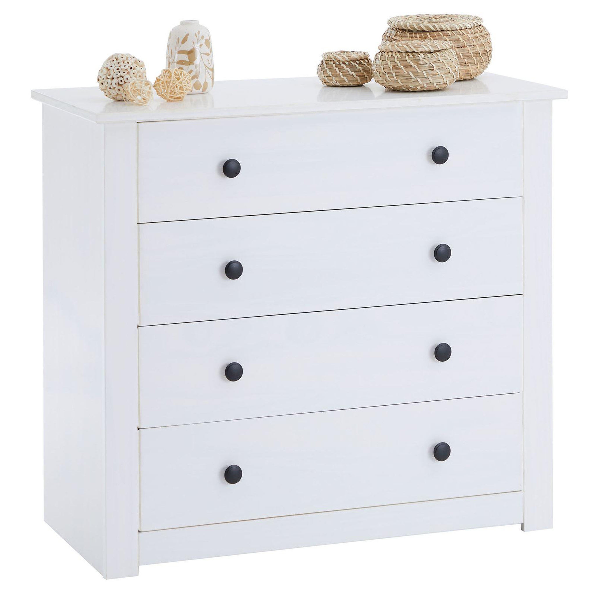 Voir la diapositive 1 : IDIMEX Commode chambre PAULO L 73 cm en bois massif blanc avec 4 tiroirs, meuble de rangement à vêtement