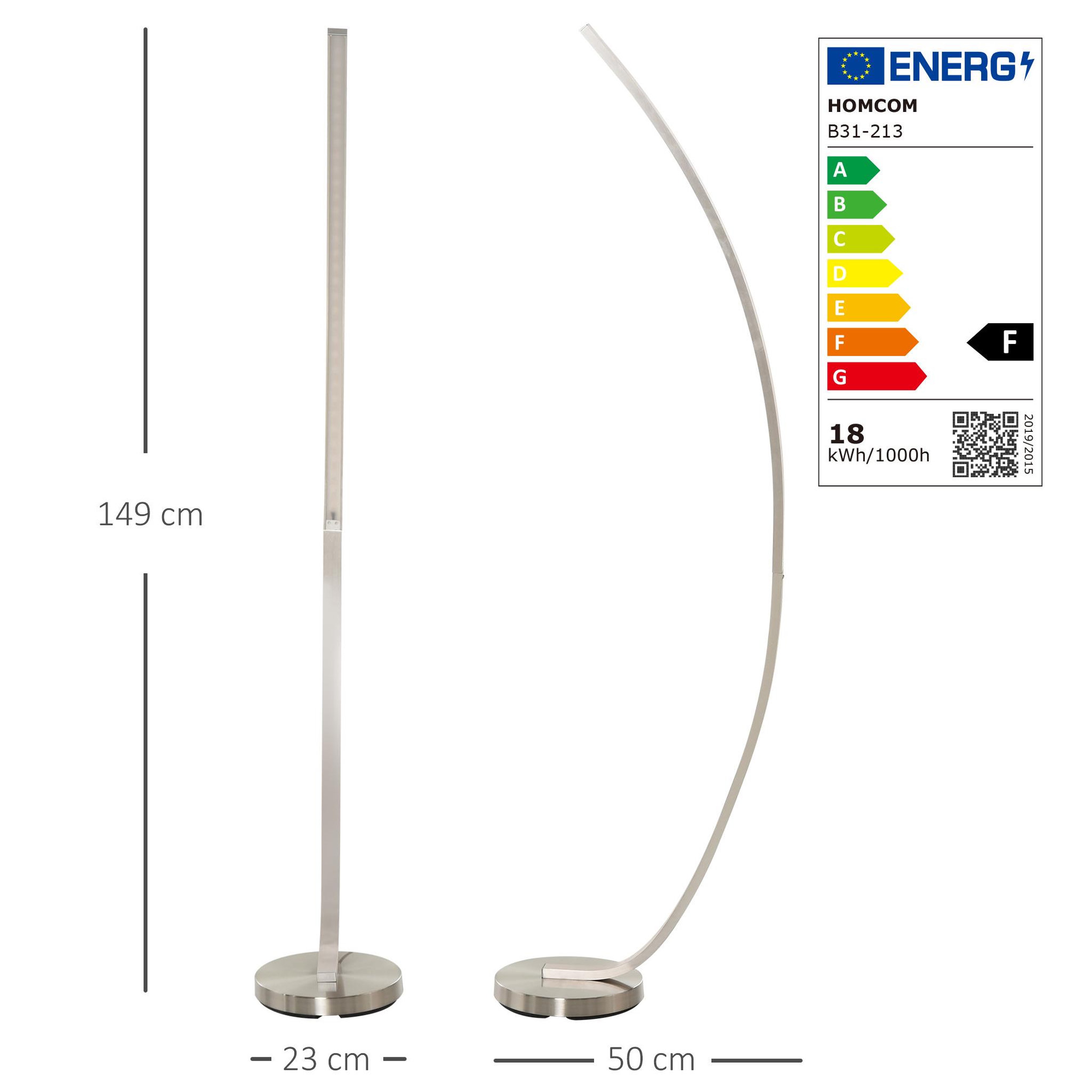 Voir la diapositive 3 : HOMCOM HOMCOM Lampadaire design LED argent dim. 50L x 23l x H149 cm