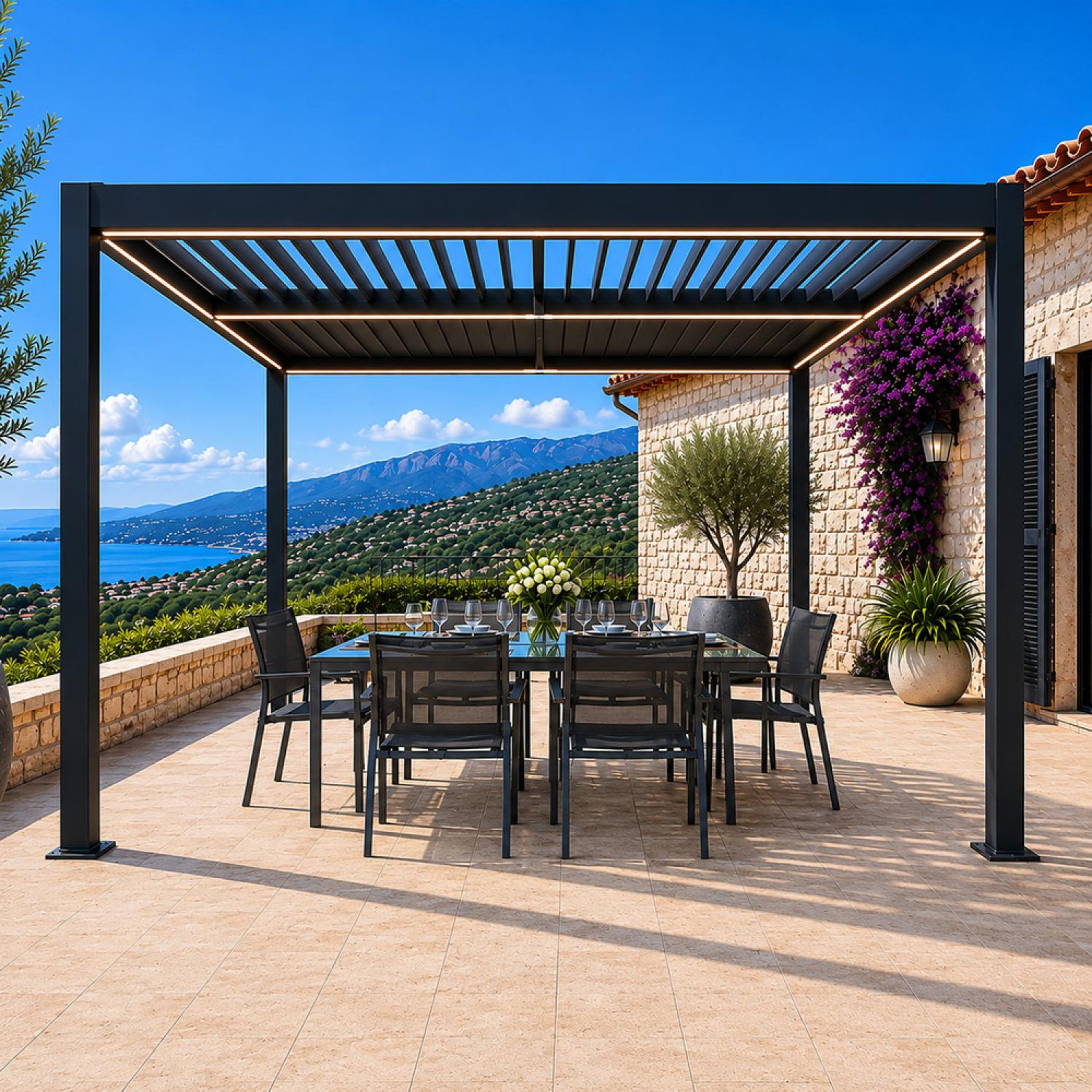 Voir la diapositive 6 : CONCEPT USINE Pergola bioclimatique à led 3x3m structure aluminium lames orientables corfu