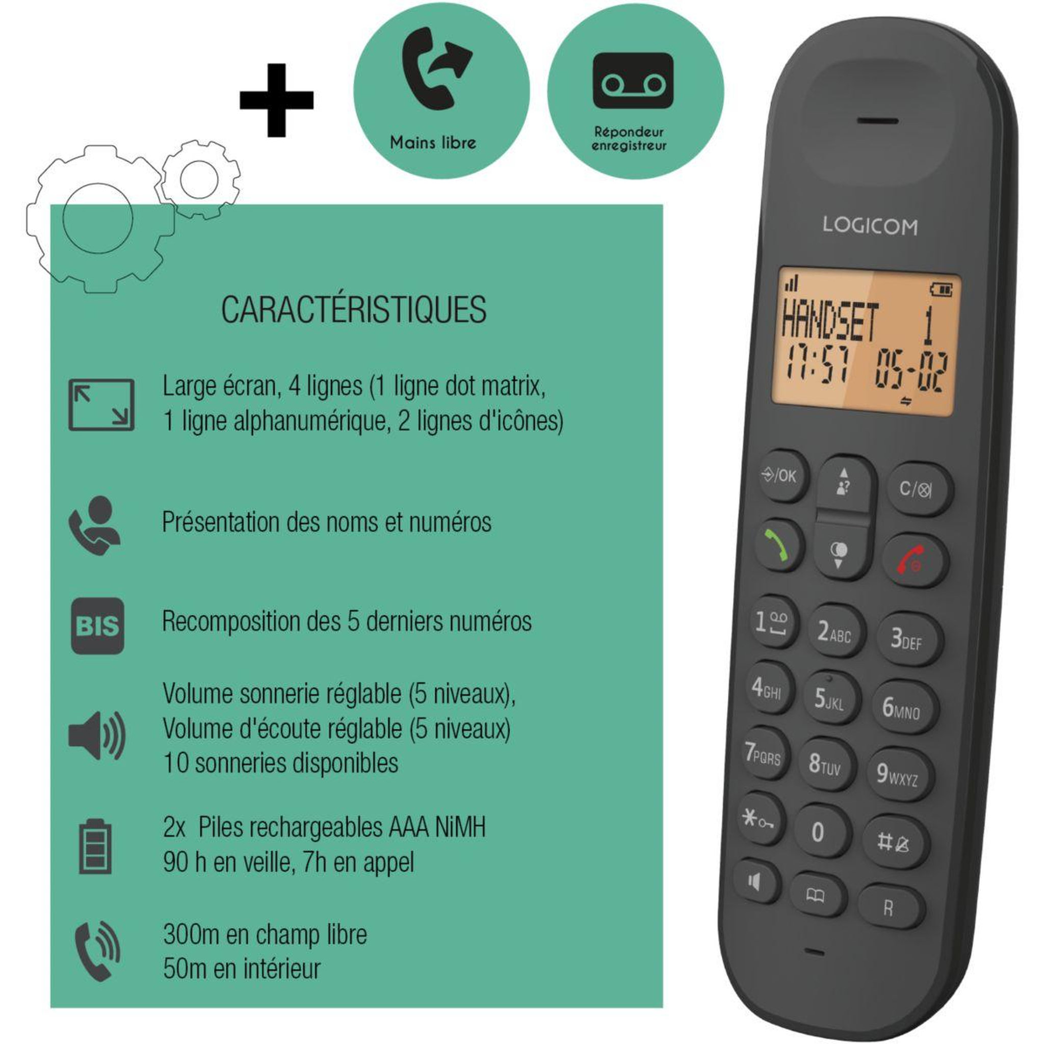 Logicom Téléphone sans fil Iloa Solo Répondeur Noir