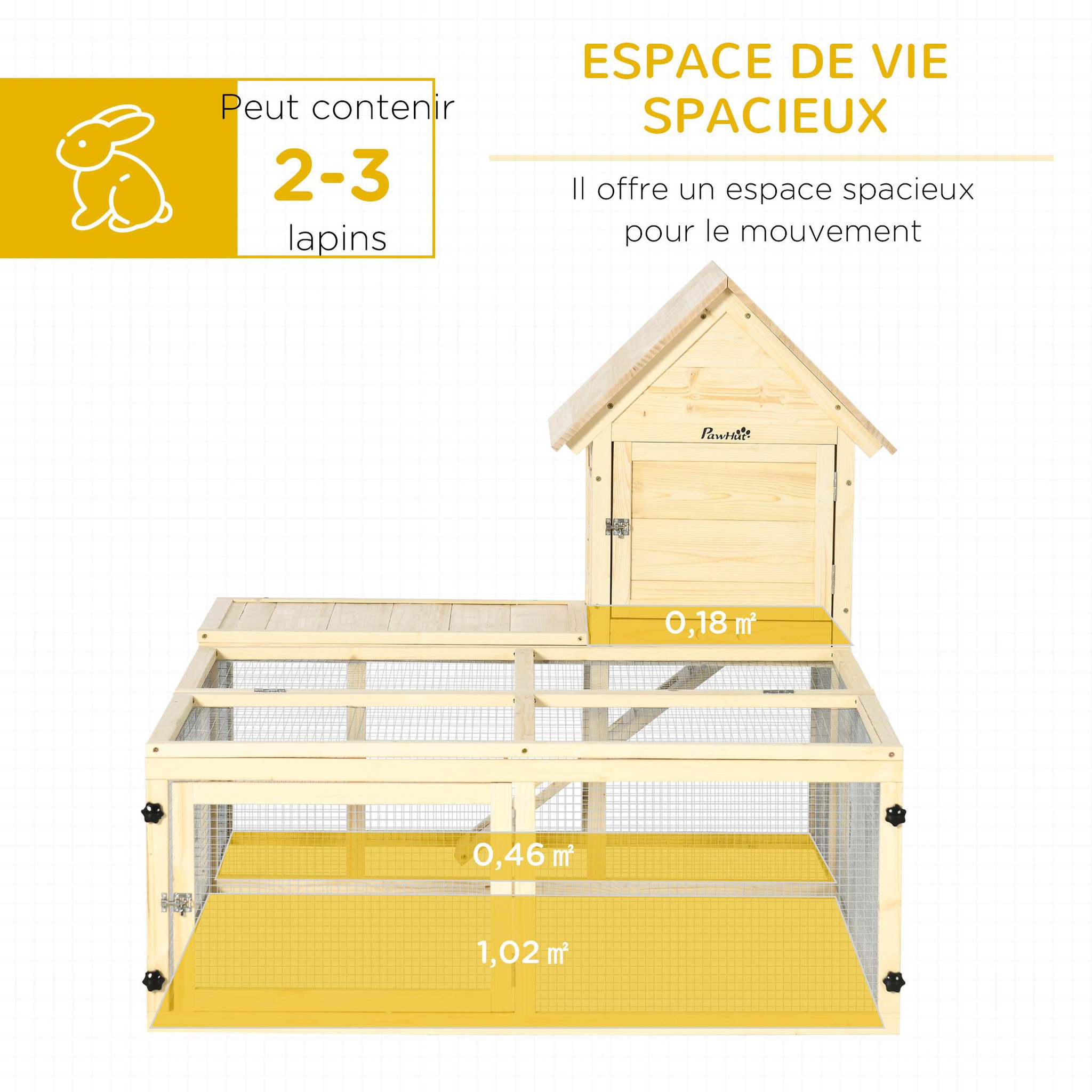 Voir la diapositive 4 : PAWHUT Clapier enclos cage à lapin 2 niveaux dim. 151l x 106l x 97h cm - aire de jeu, rampe, portes verouillables - bois sapin