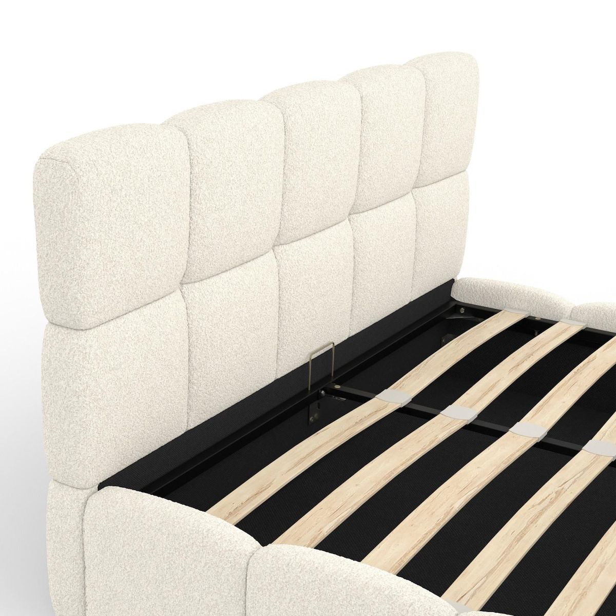 ID MARKET Lit coffre double NUAGE avec tête de lit matelassée et sommier 140 x 190 cm tissu bouclette blanc