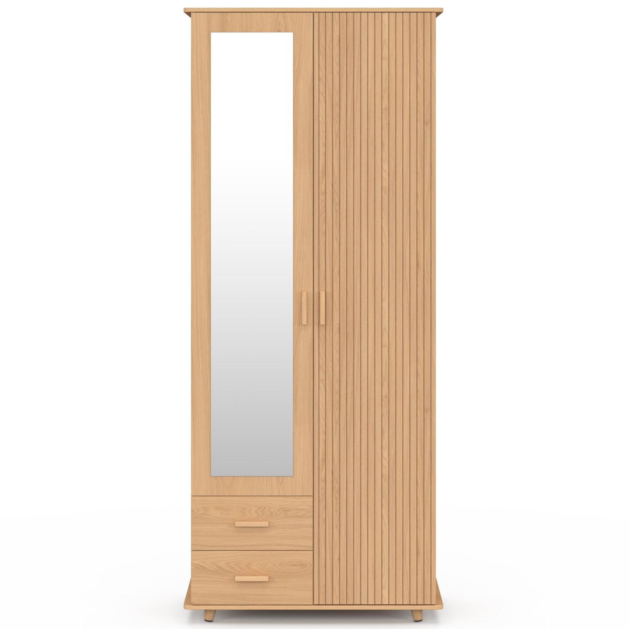Voir la diapositive 5 : ID MARKET Armoire 2 portes juliette effet lattes tasseau bois penderie 80 cm avec 2 tiroirs, miroir et étagères