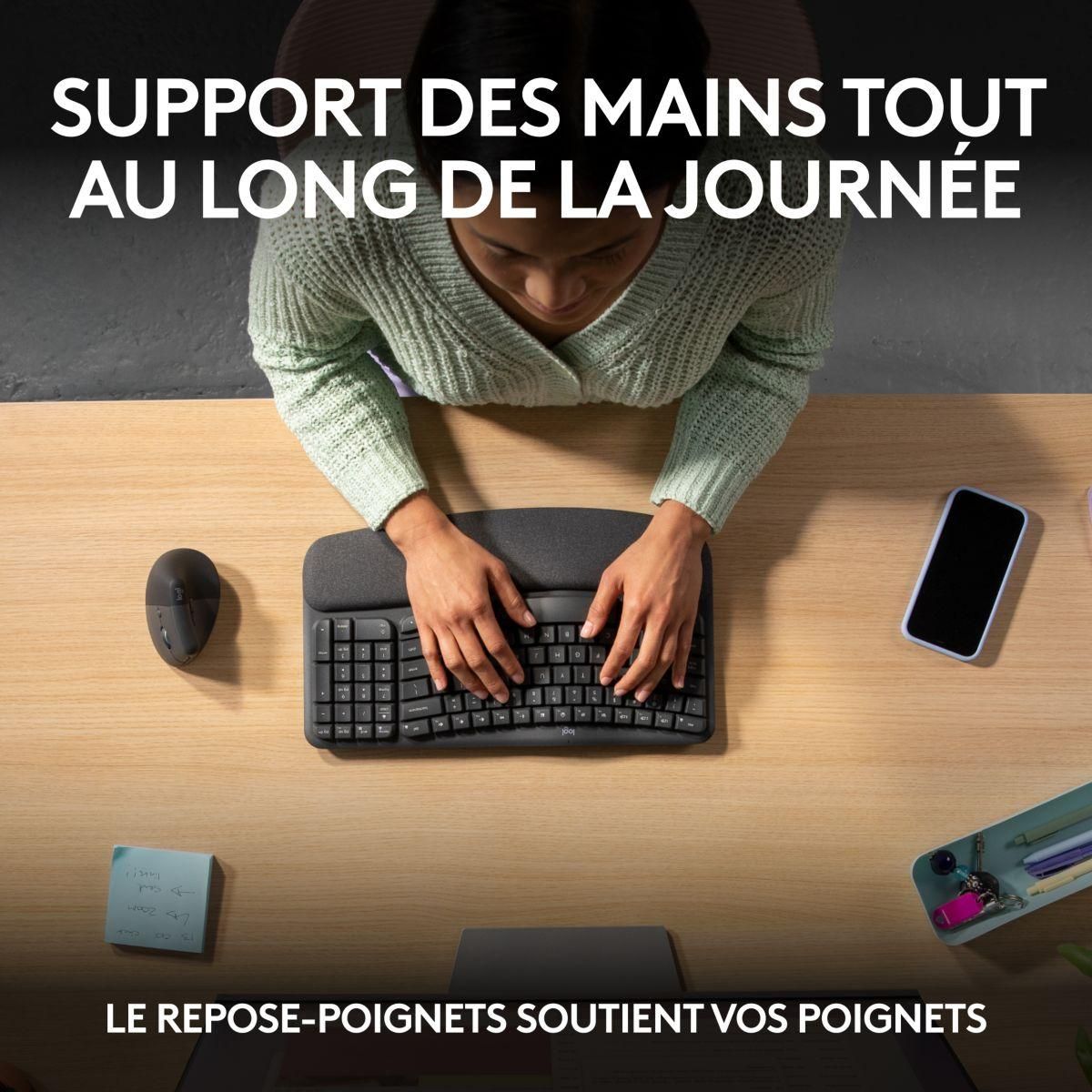 Logitech Clavier sans fil Wave Keys ergonomique +  repose poignets