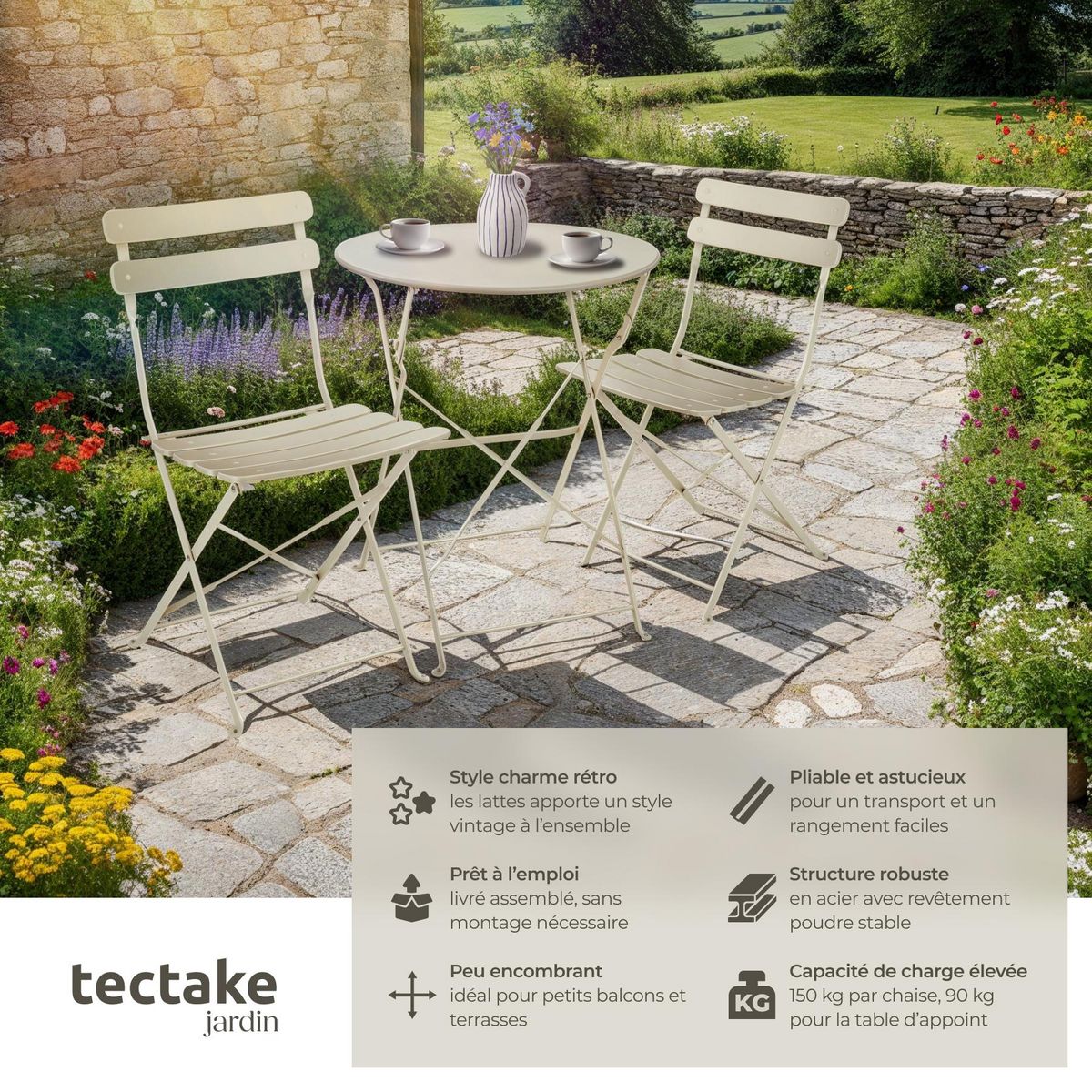 tectake Ensemble table et chaises bistrot pour 2 personnes crème