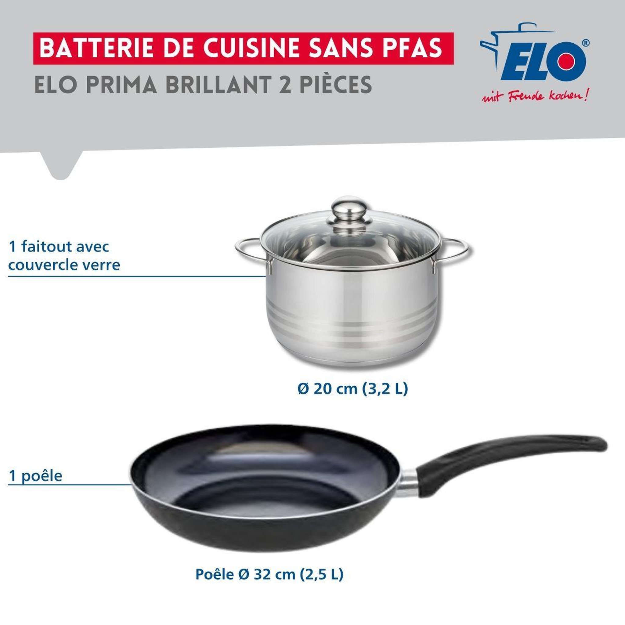 Voir la diapositive 2 : ELO Ensemble de 1 poêle de cuisson 32 cm et 1 faitout 20 cm elo prima brillant