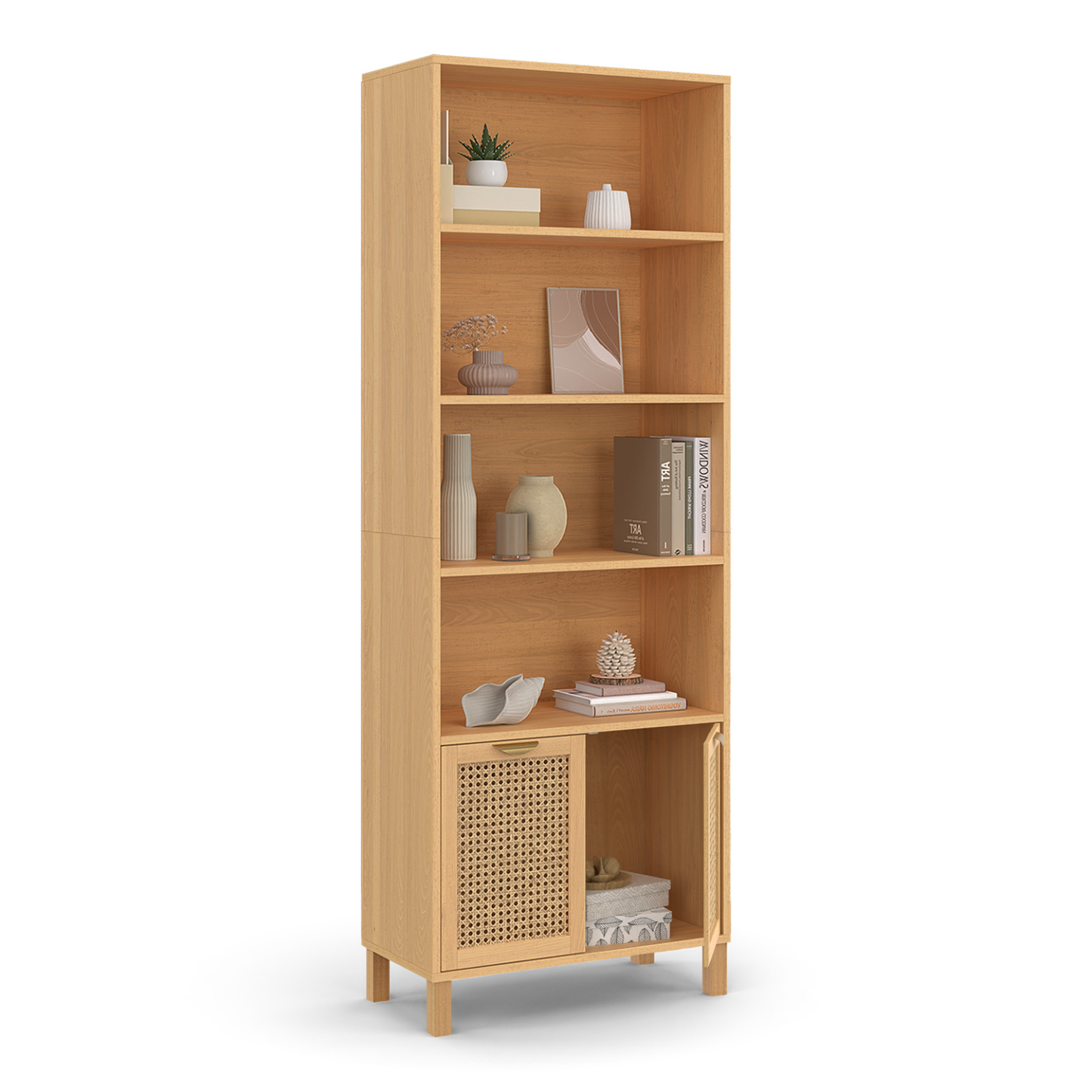 Voir la diapositive 4 : ID MARKET Etagère bibliothèque 4 niveaux avec placard edhen cannage et bois