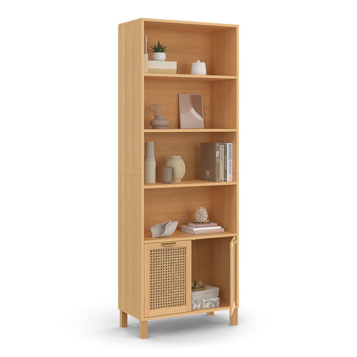 ID MARKET Etagère bibliothèque 4 niveaux avec placard EDHEN cannage et bois